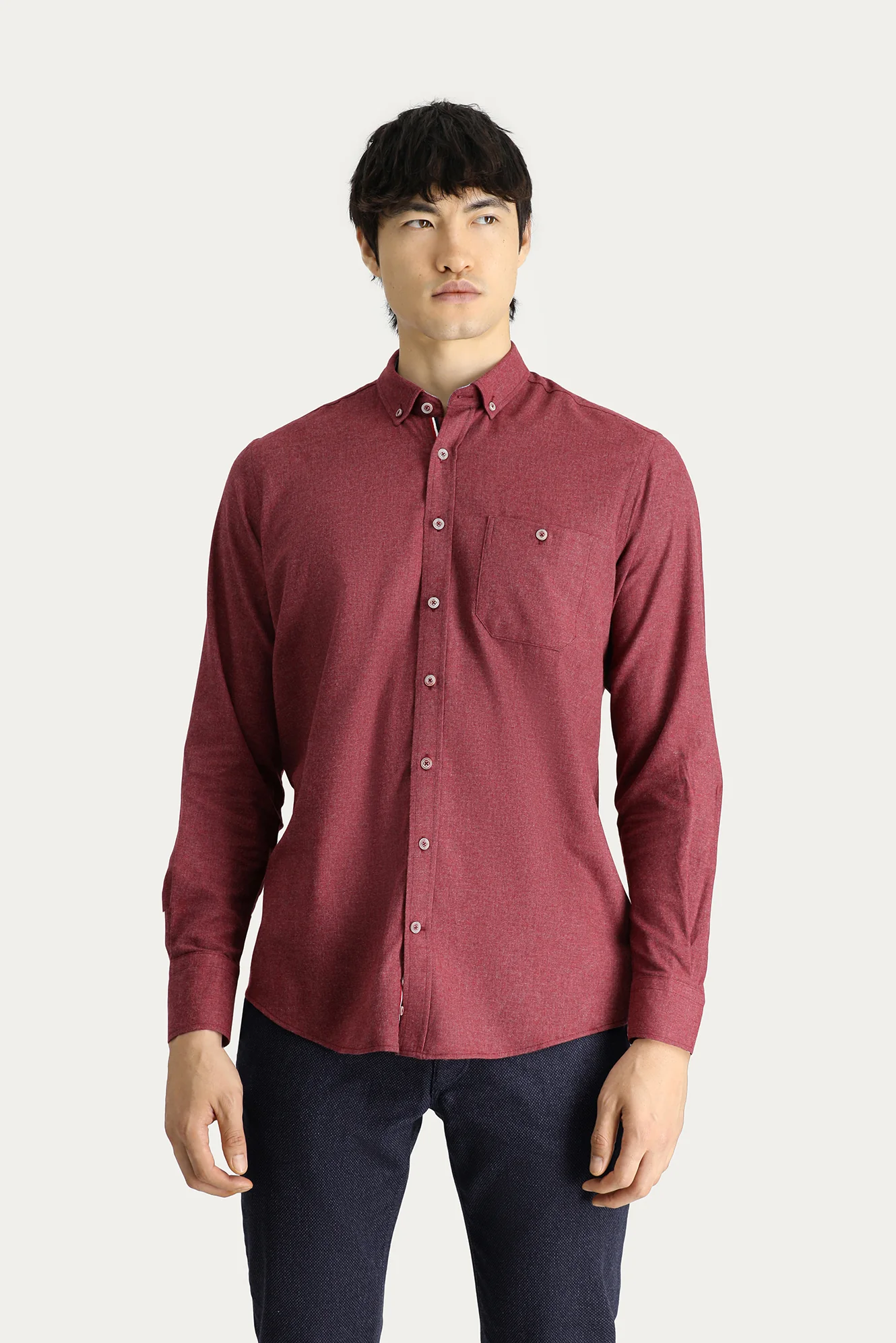 Açık Bordo Uzun Kol Slim Fit Dar Kesim Oduncu Spor Pamuklu Düğmeli Yaka Gömlek - Image 2