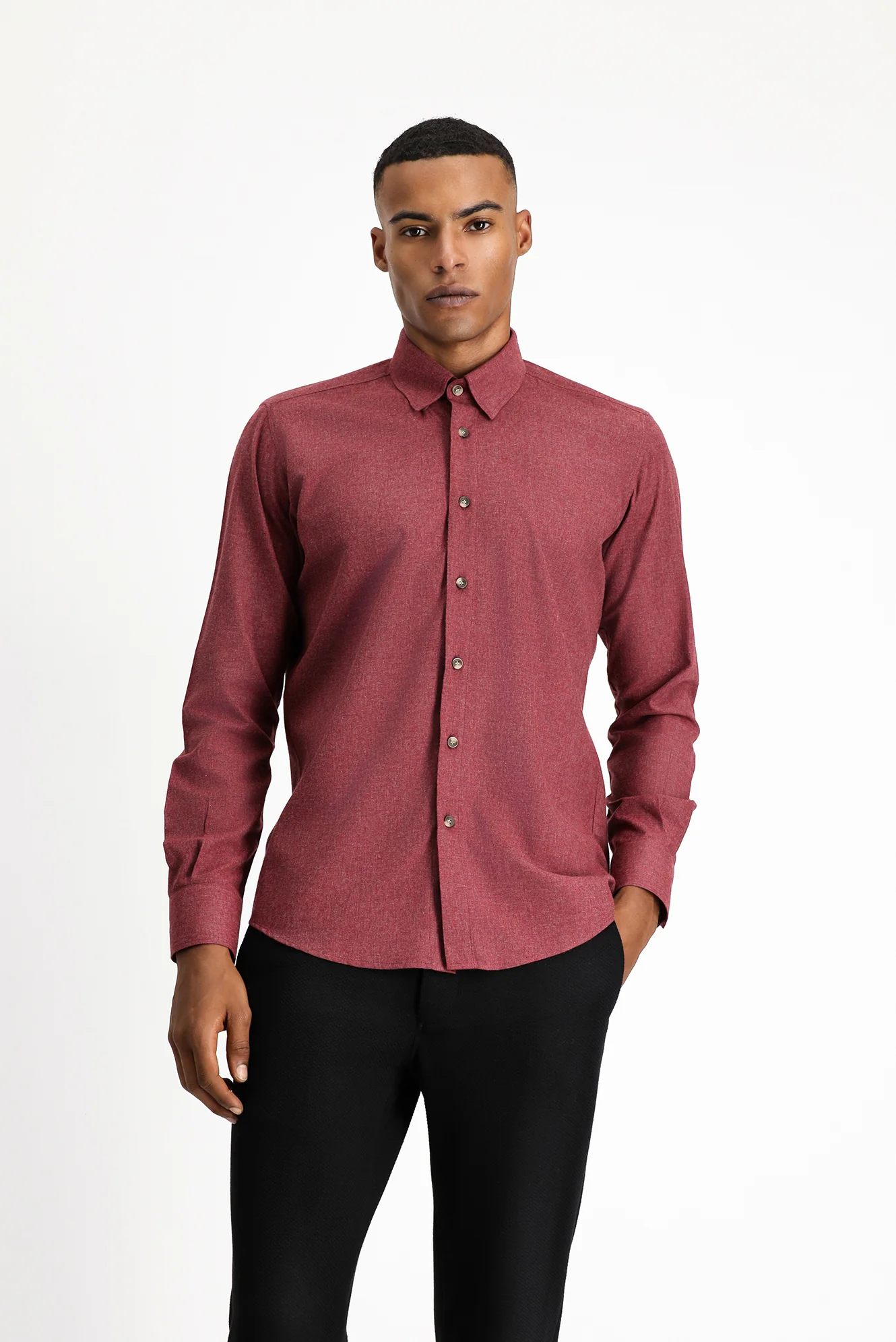 Açık Bordo Uzun Kol Slim Fit Dar Kesim Oduncu Spor Pamuklu Düğmeli Yaka Gömlek - Image 4