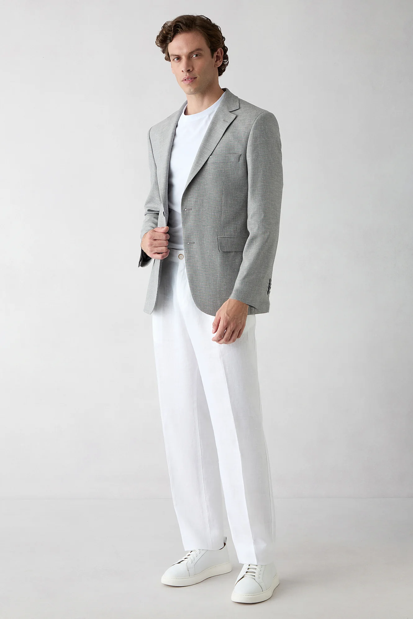 Açık Füme 4 Drop Relaxed Fit Rahat Kesim Mono Yaka Desenli Klasik Keten Karışımlı Ceket - Image 3