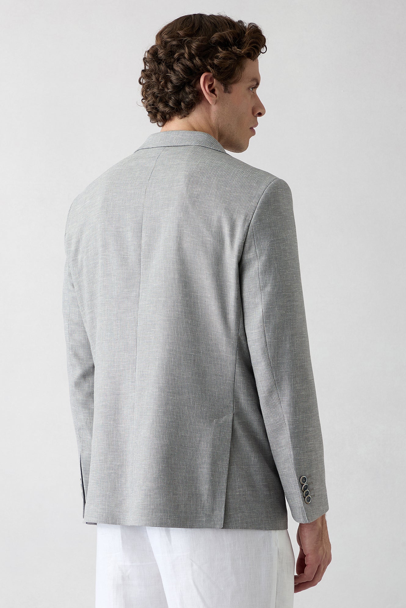 Açık Füme 4 Drop Relaxed Fit Rahat Kesim Mono Yaka Desenli Klasik Keten Karışımlı Ceket - Image 7