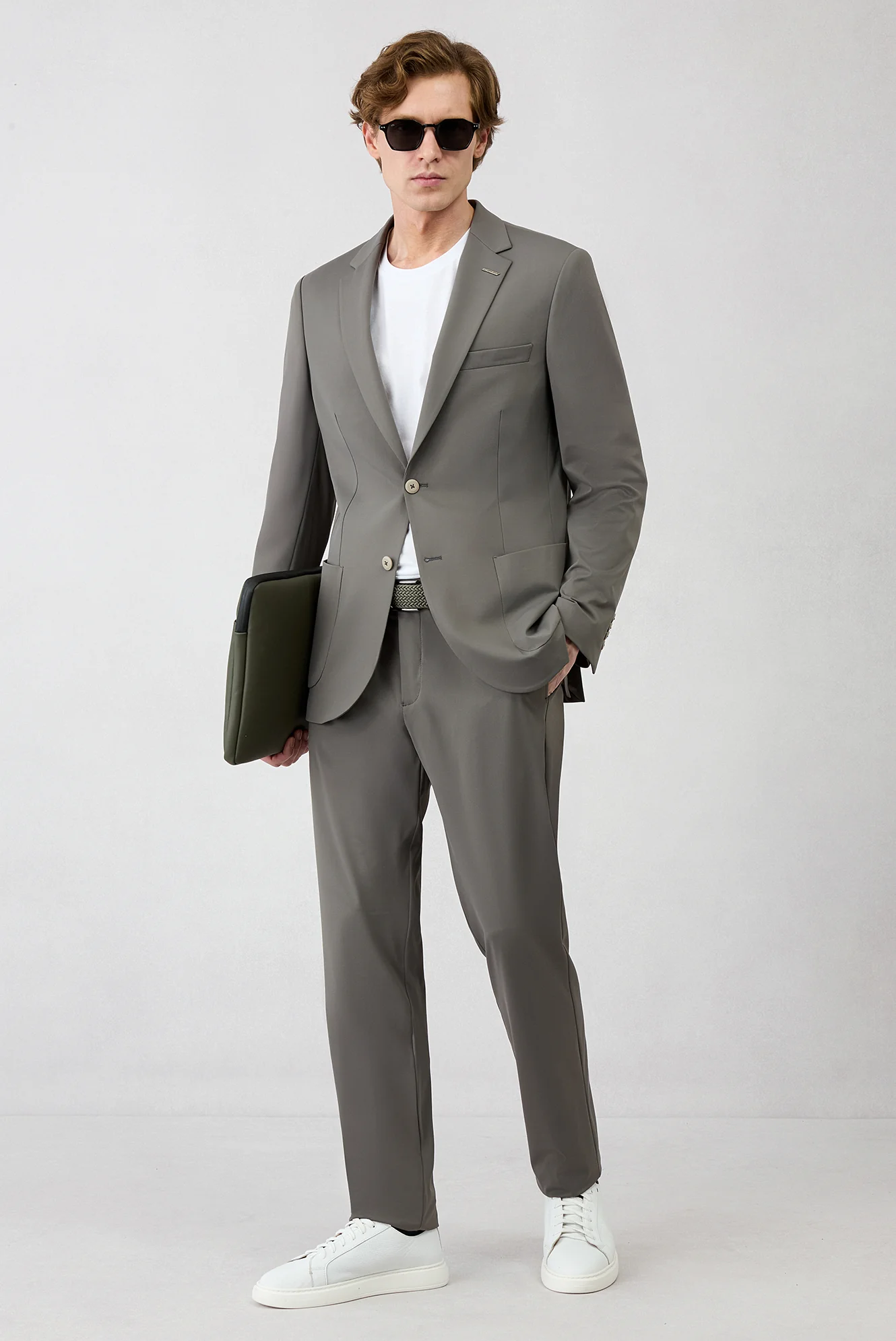 Açık Füme Techno-Line 7 Drop Super Slim Fit Eksra Dar Kesim Beli Lastikli Esnek Çantalı Takım Elbise