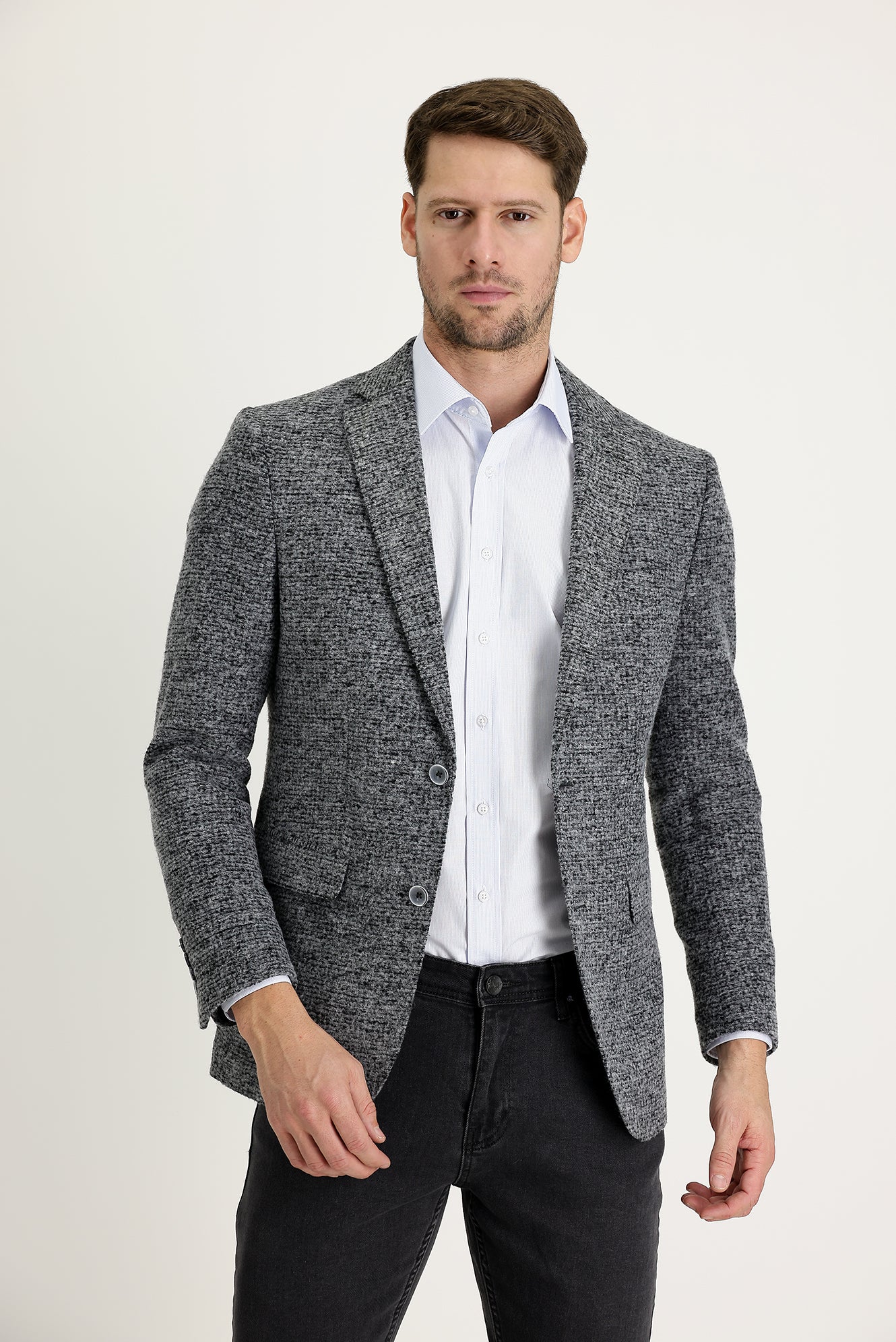 Açık Füme 4 Drop Relaxed Fit Rahat Kesim Yünlü Kuşgözü Ceket