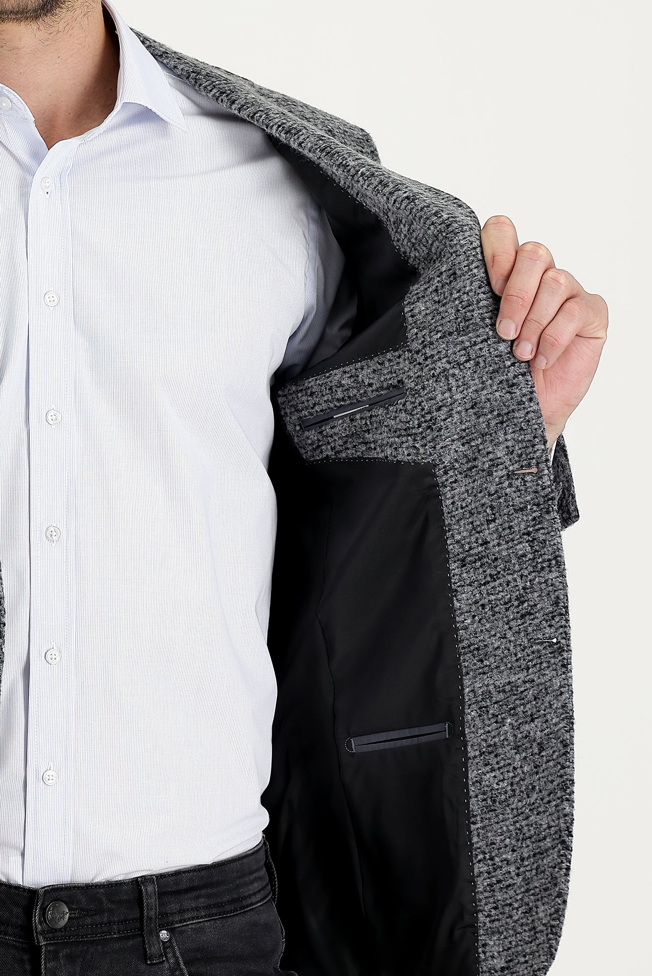 Açık Füme 4 Drop Relaxed Fit Rahat Kesim Yünlü Kuşgözü Ceket - Image 4