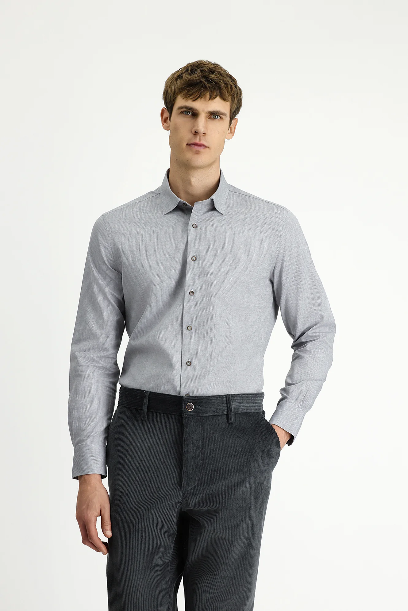 Açık Füme Uzun Kol Slim Fit Dar Kesim Desenli Pamuk Gömlek