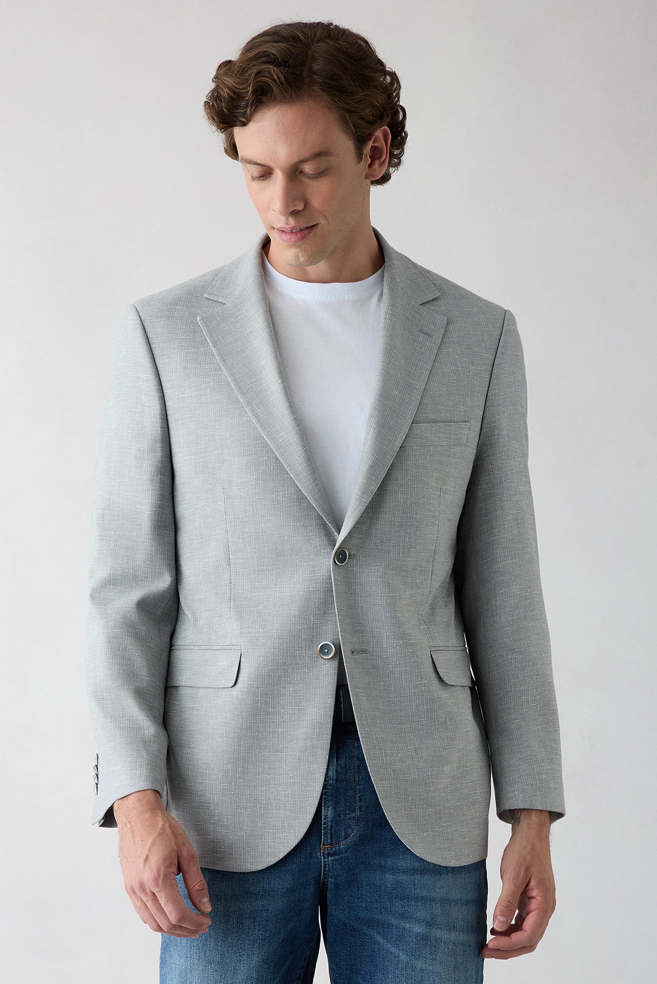 Açık Gri 4 Drop Relaxed Fit Rahat Kesim Mono Yaka Desenli Klasik Keten Karışımlı Ceket