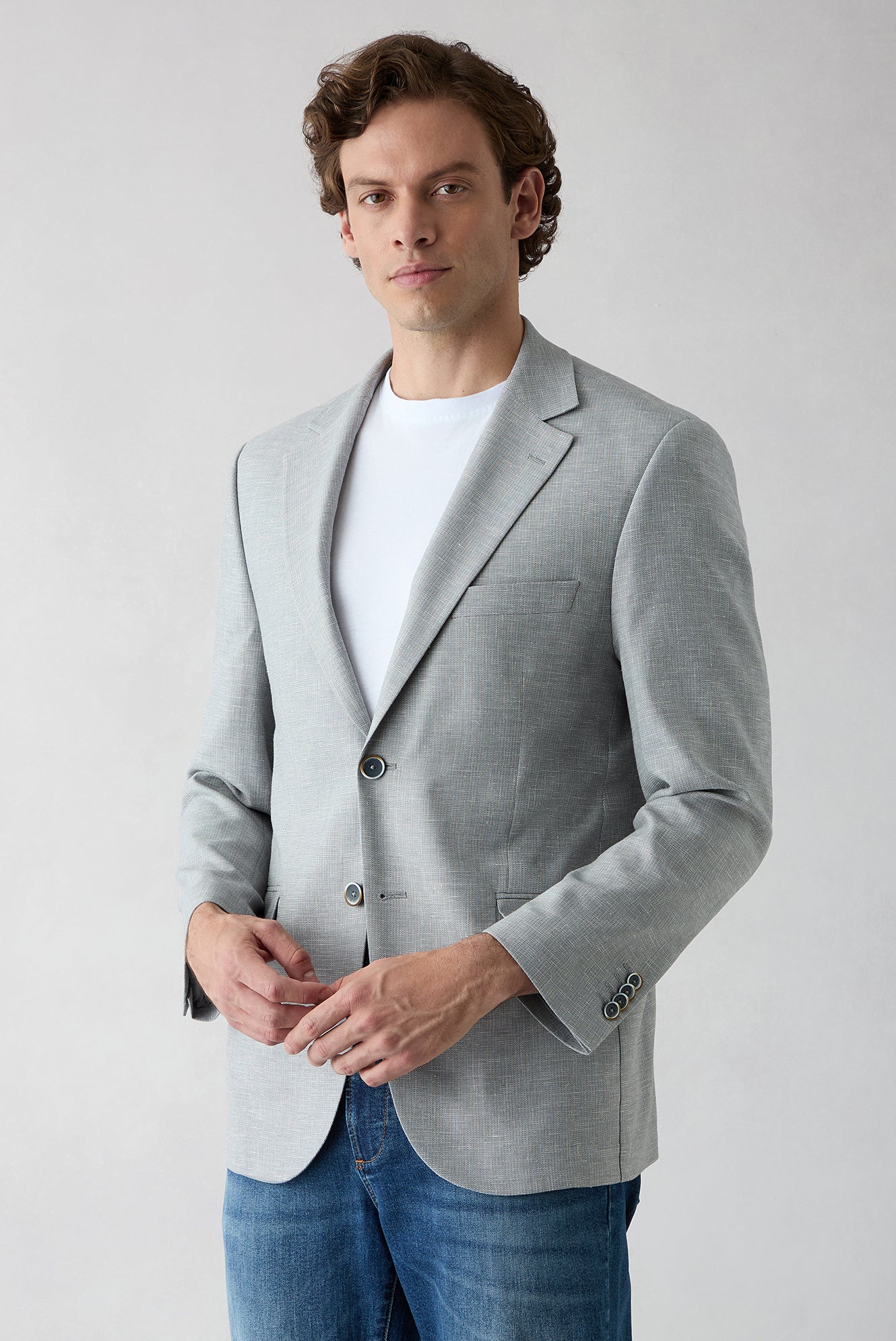 Açık Gri 4 Drop Relaxed Fit Rahat Kesim Mono Yaka Desenli Klasik Keten Karışımlı Ceket - Image 2