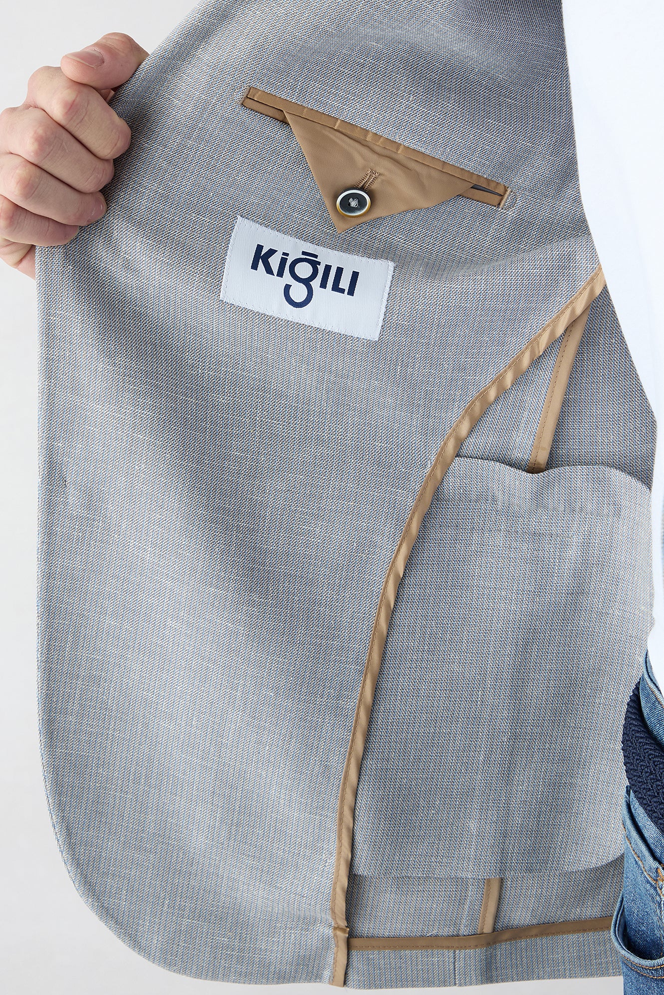 Açık Gri 4 Drop Relaxed Fit Rahat Kesim Mono Yaka Desenli Klasik Keten Karışımlı Ceket - Image 4