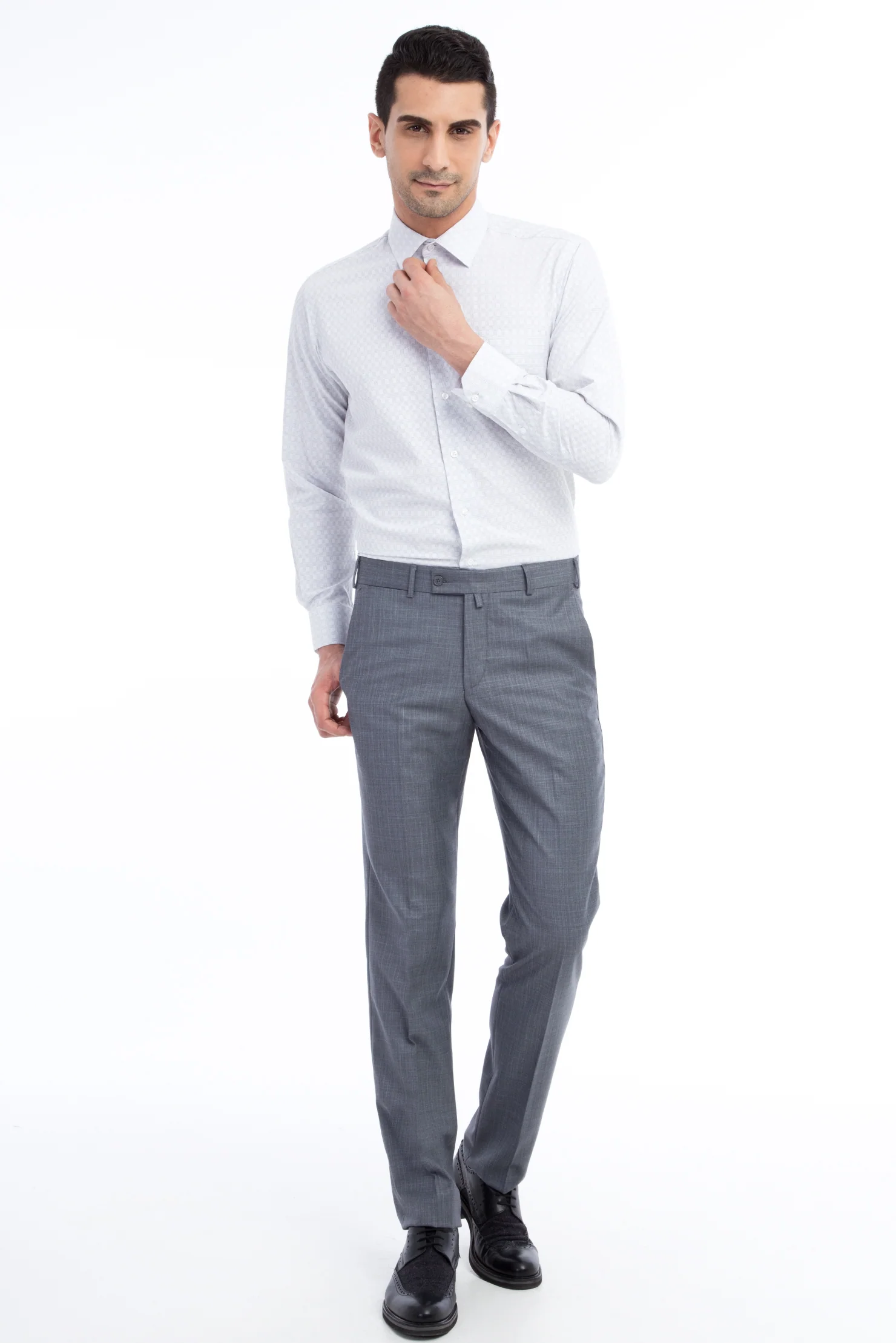 Açık Gri 6 Drop Regular Fit Standart Kesim Ekose Klasik Kumaş Pantolon