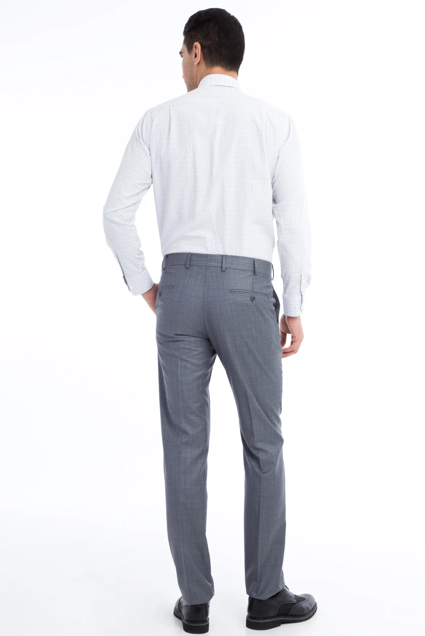 Açık Gri 6 Drop Regular Fit Standart Kesim Ekose Klasik Kumaş Pantolon - Image 2