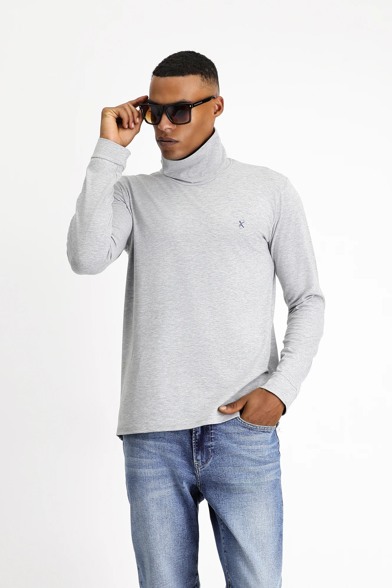 Açık Gri Melanj Balıkçı Yaka Slim Fit Dar Kesim Pamuklu Sweatshirt