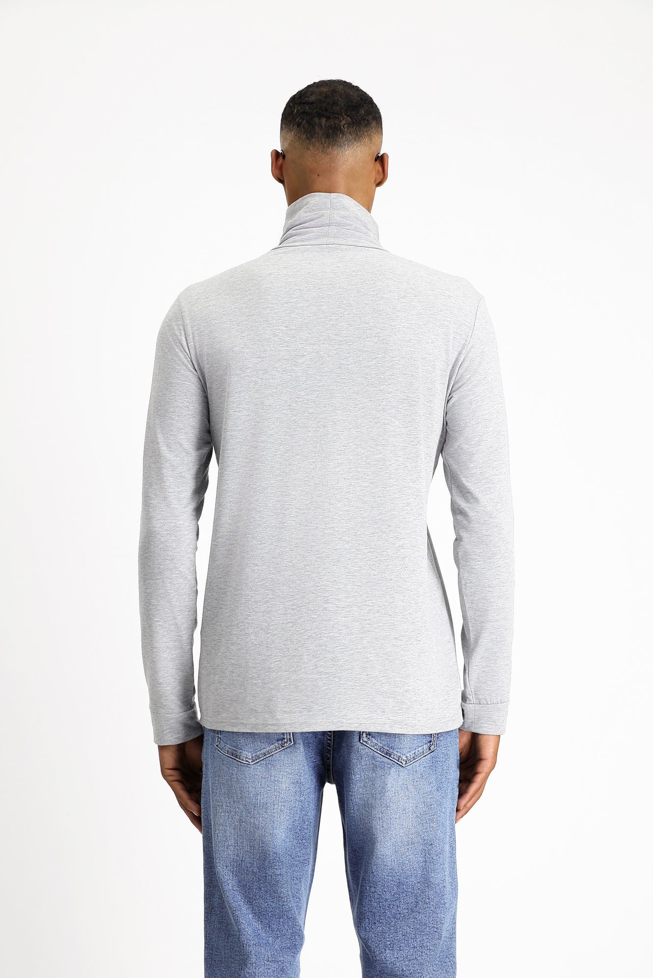 Açık Gri Melanj Balıkçı Yaka Slim Fit Dar Kesim Pamuklu Sweatshirt - Image 3