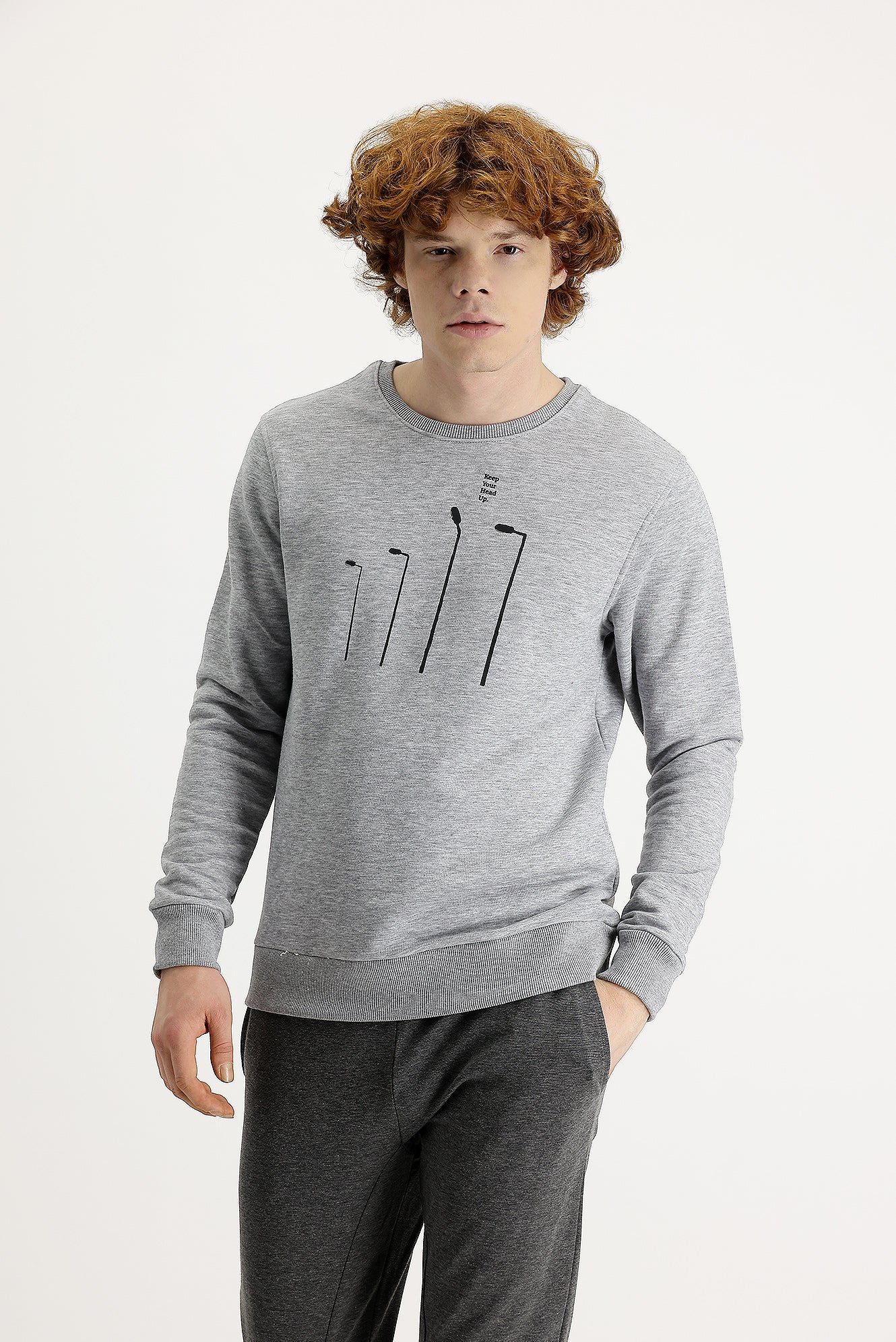 Açık Gri Melanj Bisiklet Yaka Baskılı Pamuklu Sweatshirt - Image 2