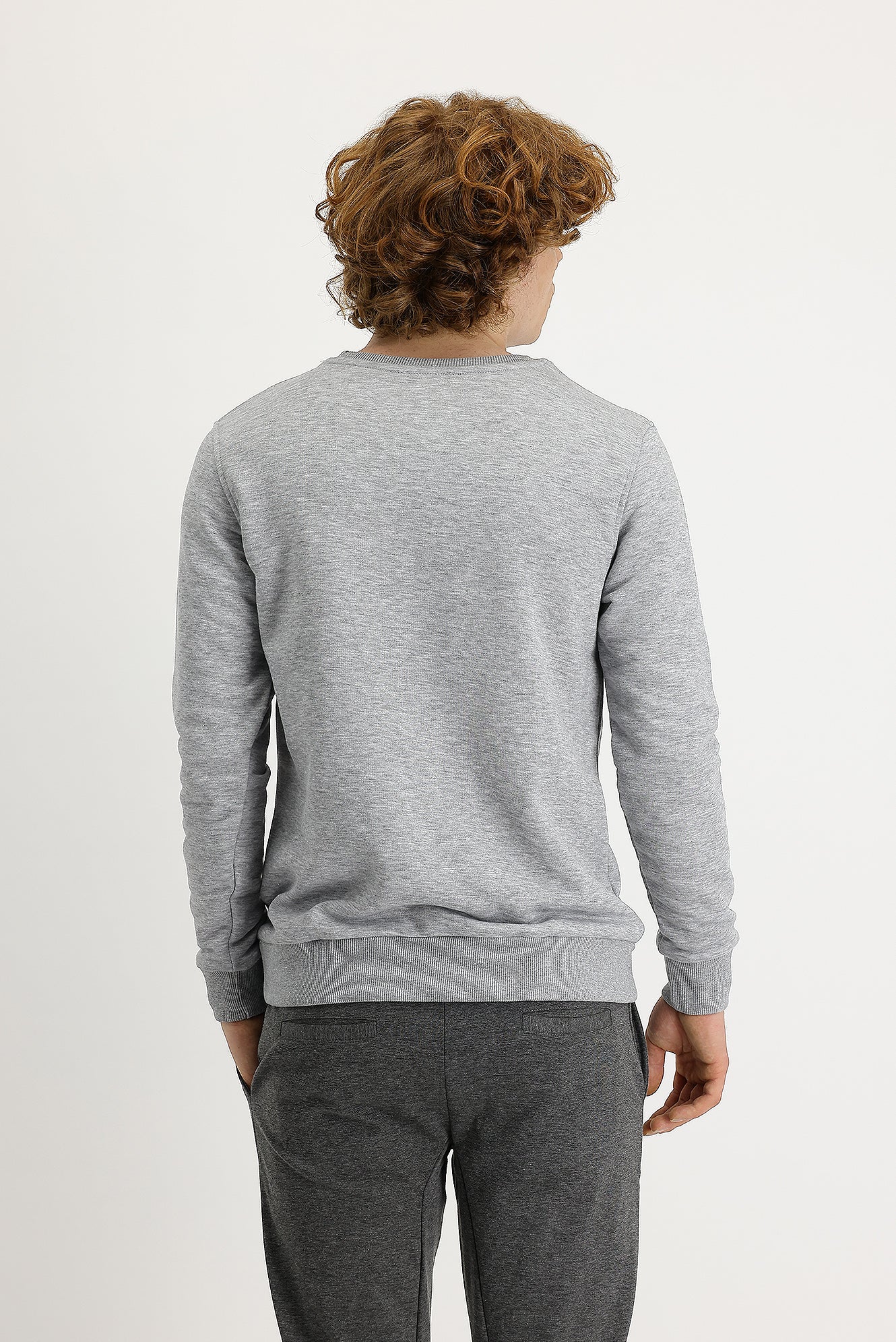 Açık Gri Melanj Bisiklet Yaka Baskılı Pamuklu Sweatshirt - Image 3