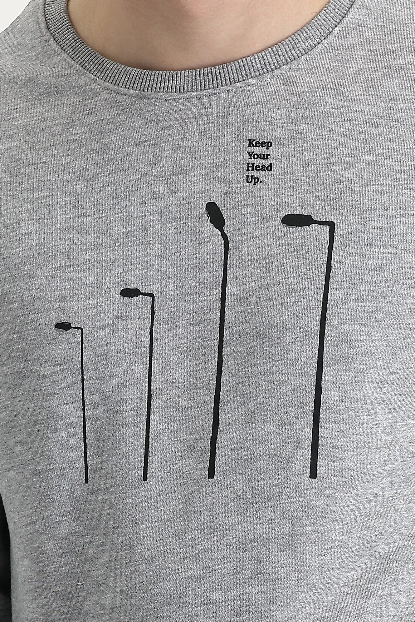 Açık Gri Melanj Bisiklet Yaka Baskılı Pamuklu Sweatshirt - Image 4