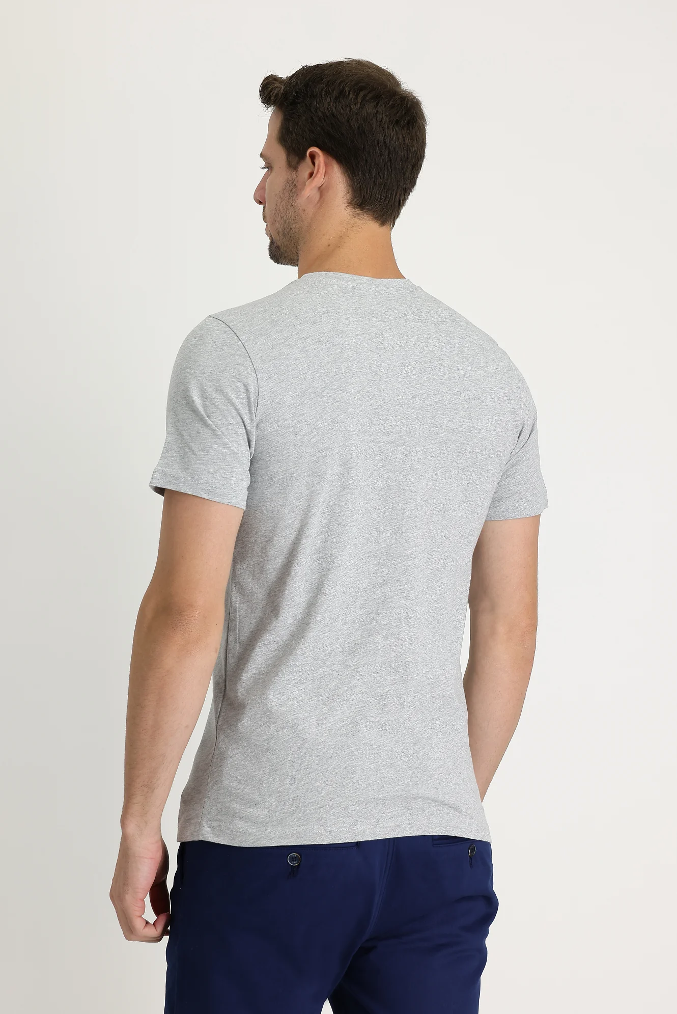 Açık Gri Melanj Bisiklet Yaka Baskılı Slim Fit Dar Kesim Pamuk Tişört - Image 4