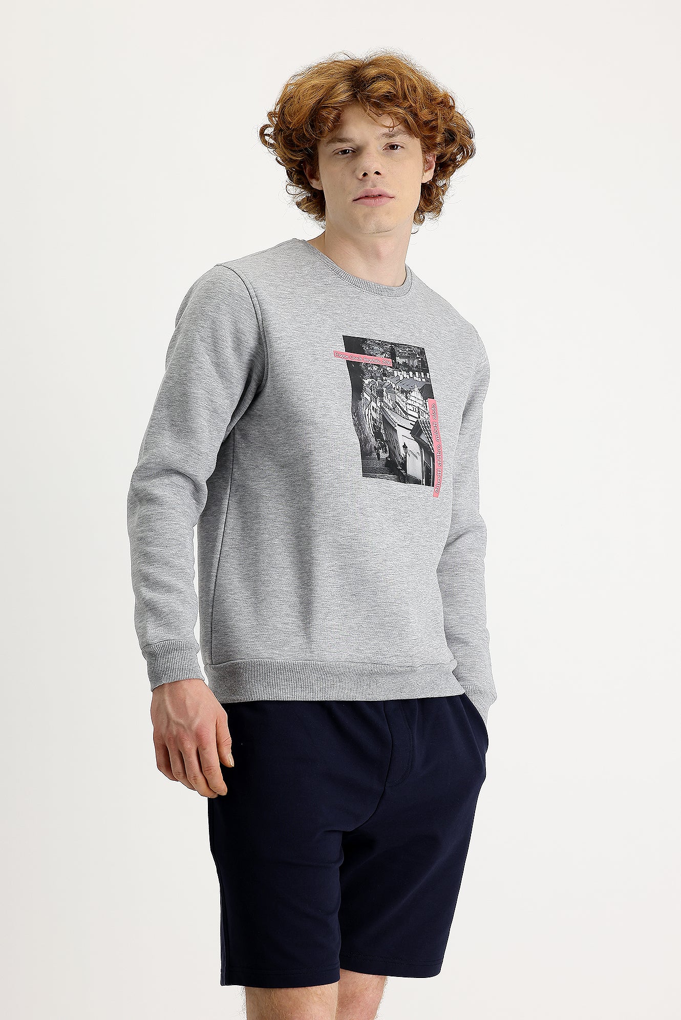 Açık Gri Melanj Bisiklet Yaka İçi Polarlı Baskılı Pamuklu Sweatshirt - Image 3