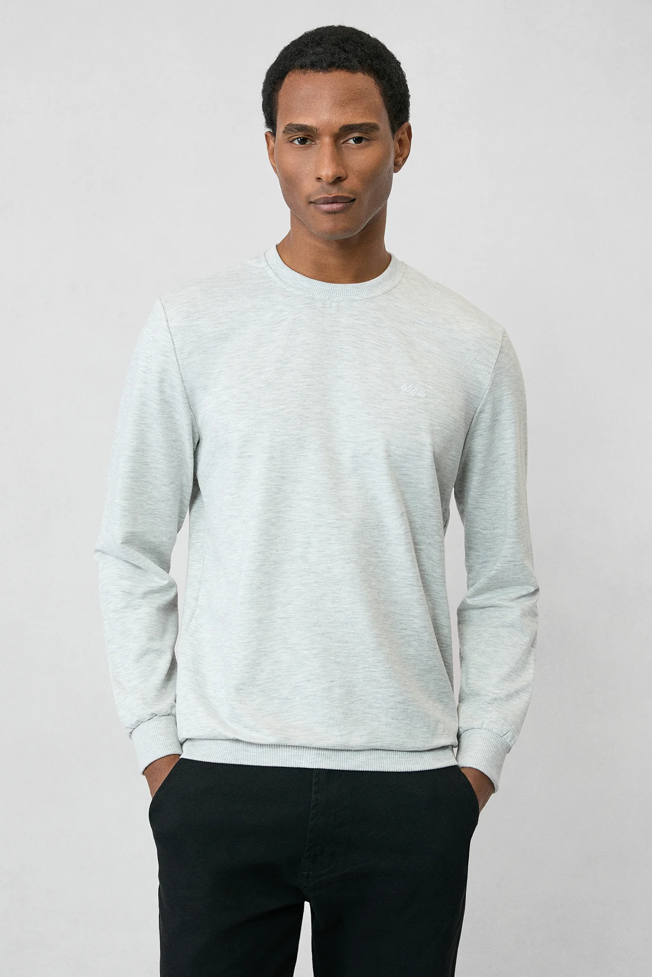 Açık Gri Melanj Bisiklet Yaka Regular Fit Nakışlı Basic İnce Sweatshirt - Image 3