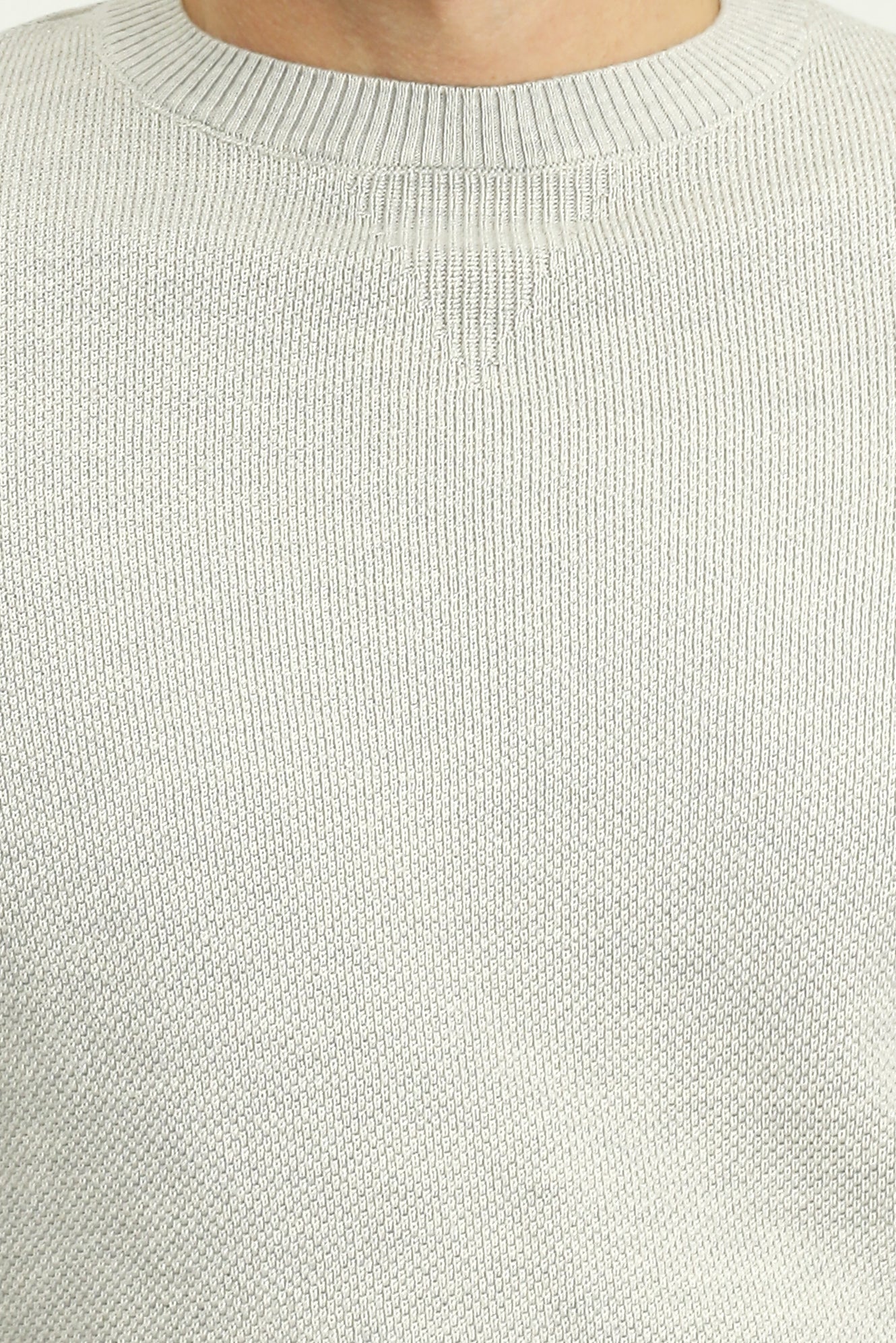Açık Gri Melanj Bisiklet Yaka Slim Fit Dar Kesim Desenli Pamuklu Triko Kazak - Image 5