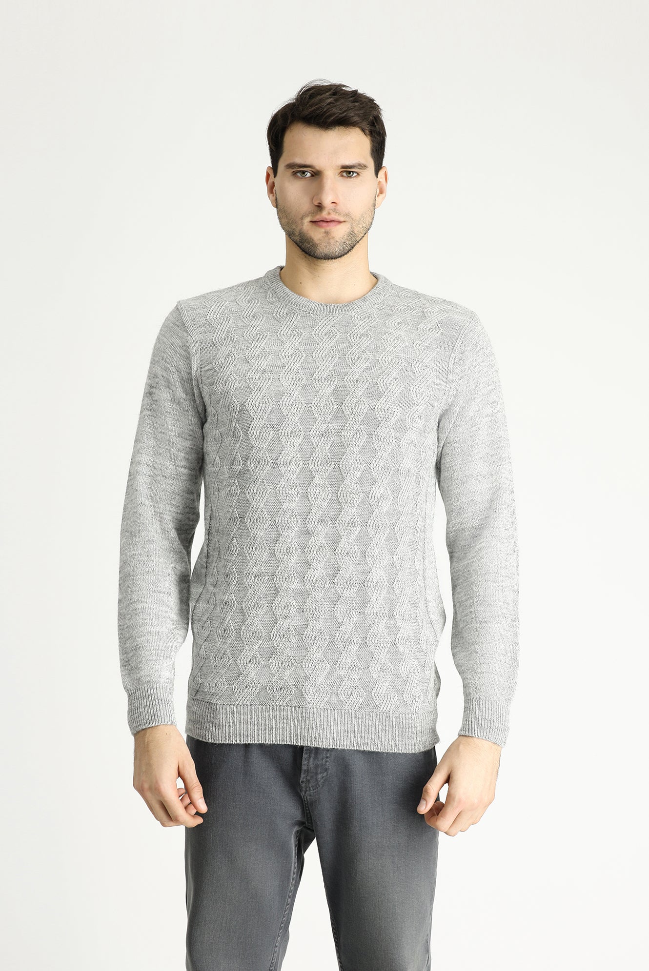 Açık Gri Melanj Bisiklet Yaka Slim Fit Dar Kesim Desenli Triko Kazak - Image 3