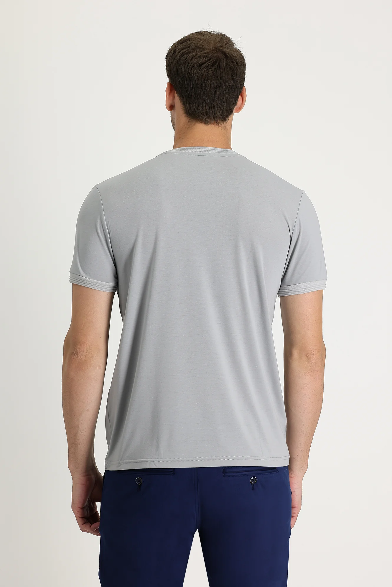Açık Gri Melanj Bisiklet Yaka Slim Fit Dar Kesim Nakışlı Tişört - Image 3