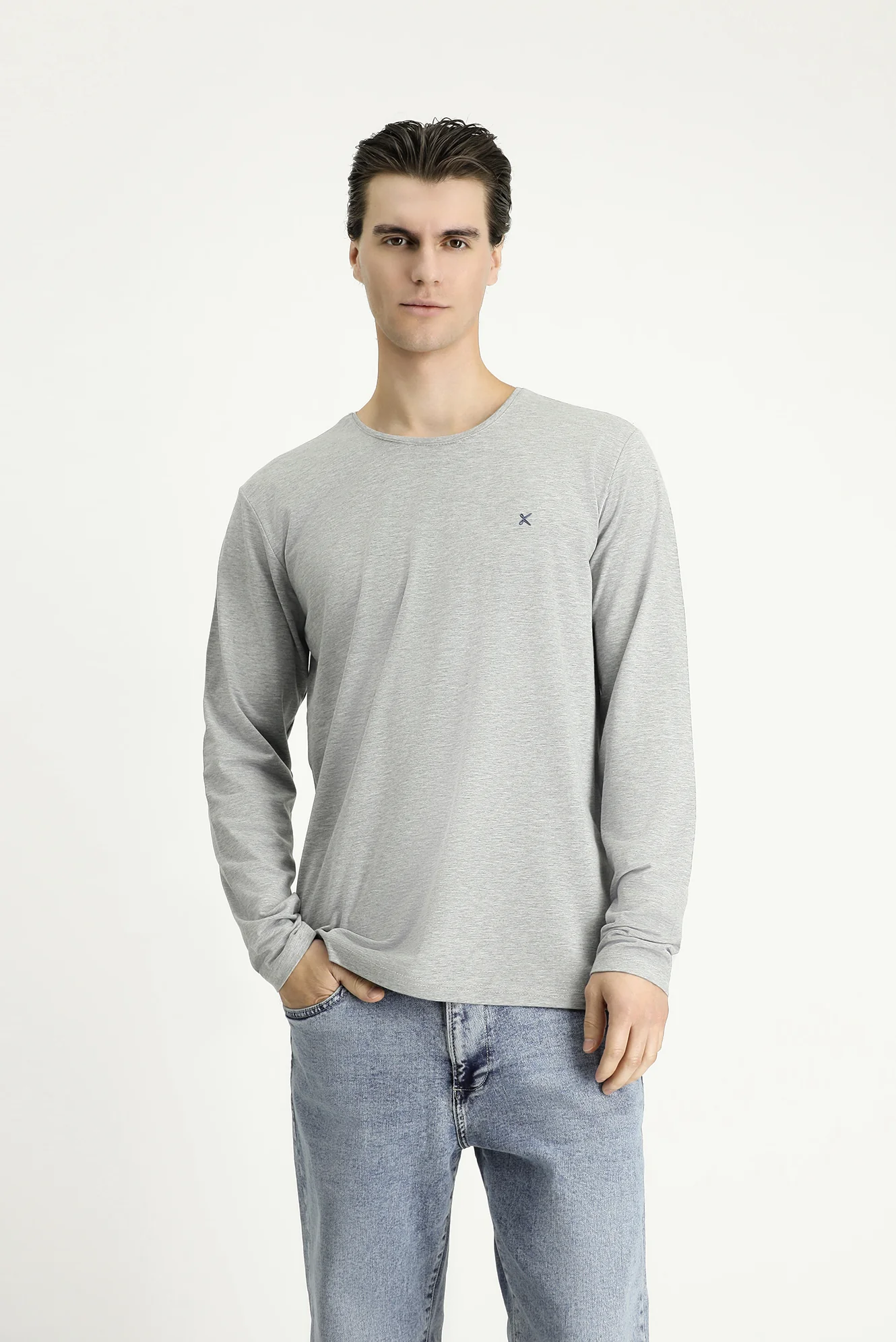 Açık Gri Melanj Bisiklet Yaka Slim Fit Dar Kesim Pamuklu Sweatshirt