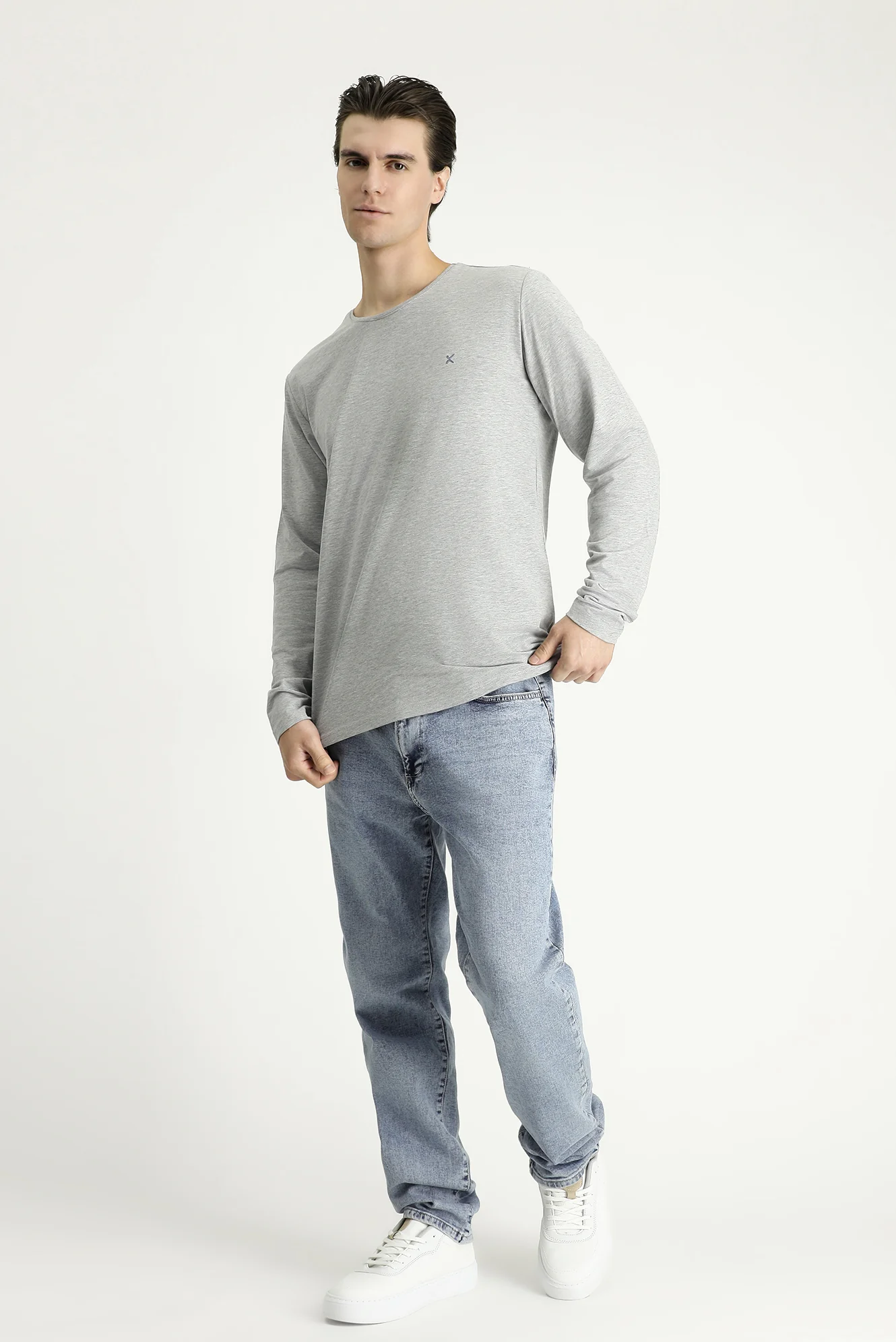 Açık Gri Melanj Bisiklet Yaka Slim Fit Dar Kesim Pamuklu Sweatshirt - Image 2