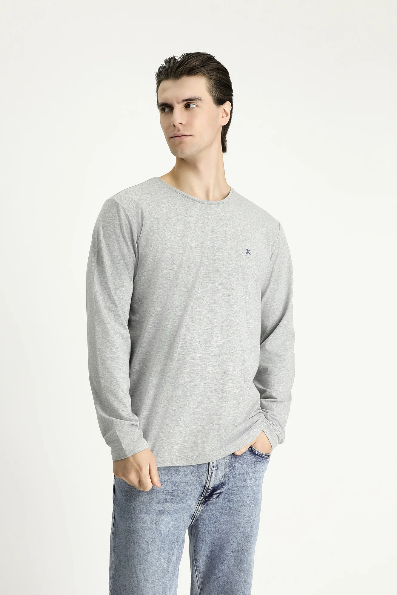 Açık Gri Melanj Bisiklet Yaka Slim Fit Dar Kesim Pamuklu Sweatshirt - Image 3
