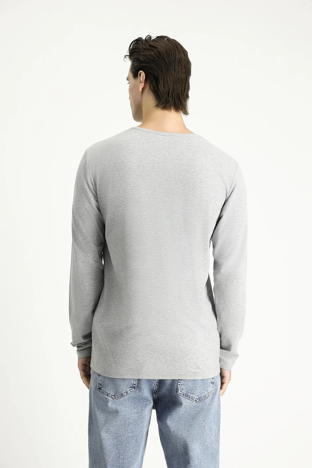Açık Gri Melanj Bisiklet Yaka Slim Fit Dar Kesim Pamuklu Sweatshirt - Image 4