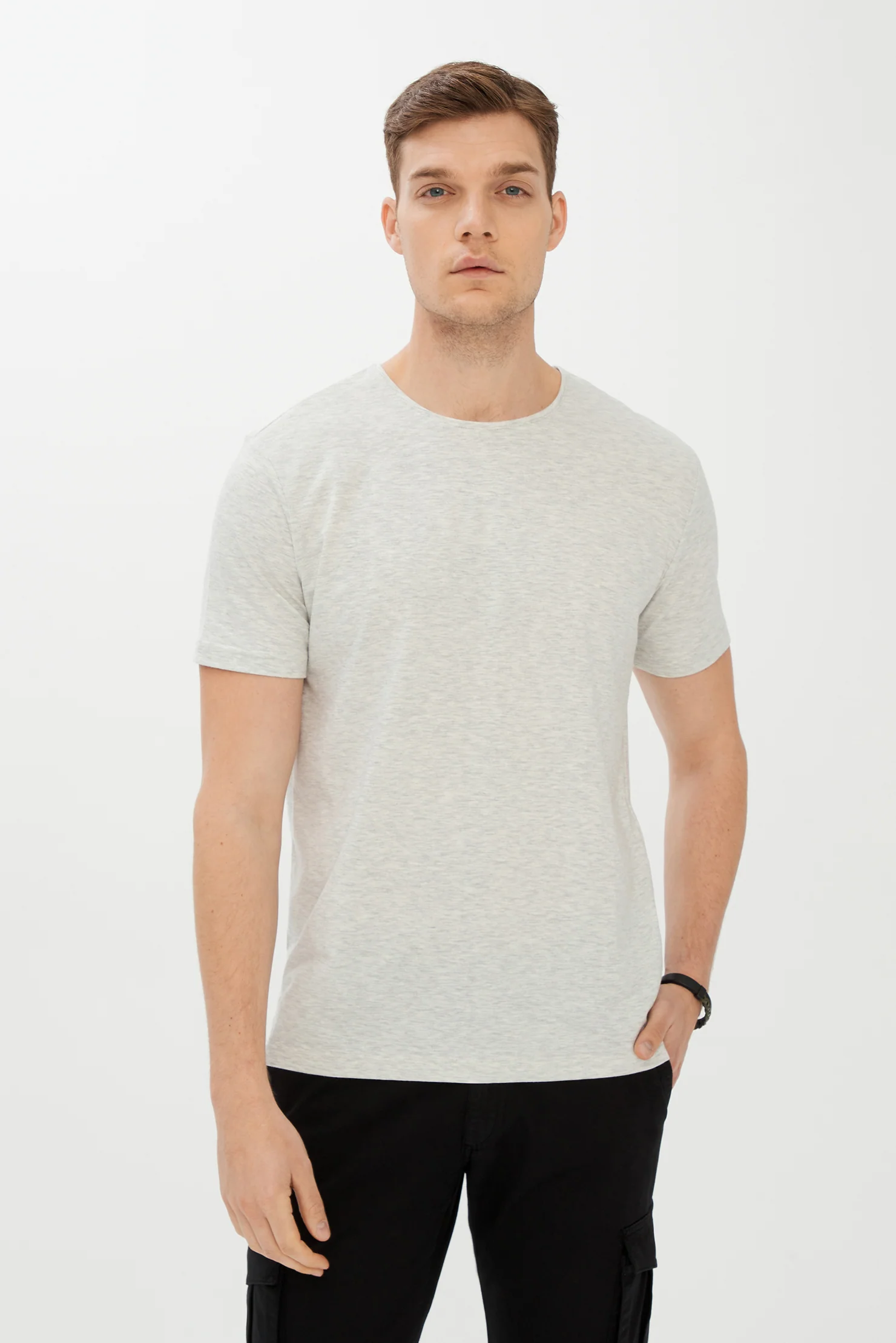 Açık Gri Melanj Bisiklet Yaka Slim Fit Dar Kesim Tişört - Image 2