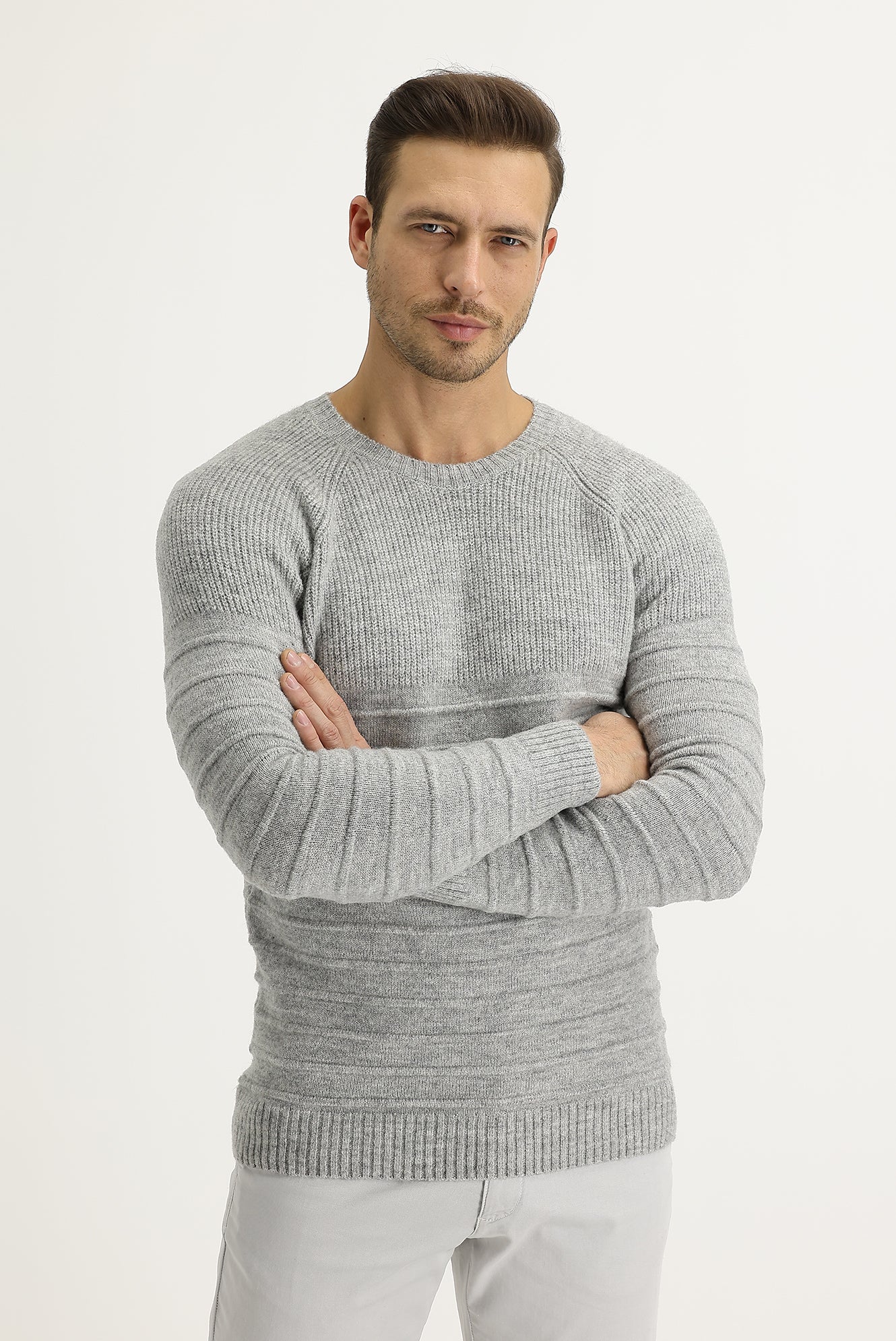 Açık Gri Melanj Bisiklet Yaka Slim Fit Dar Kesim Yünlü Desenli Triko Kazak - Image 2