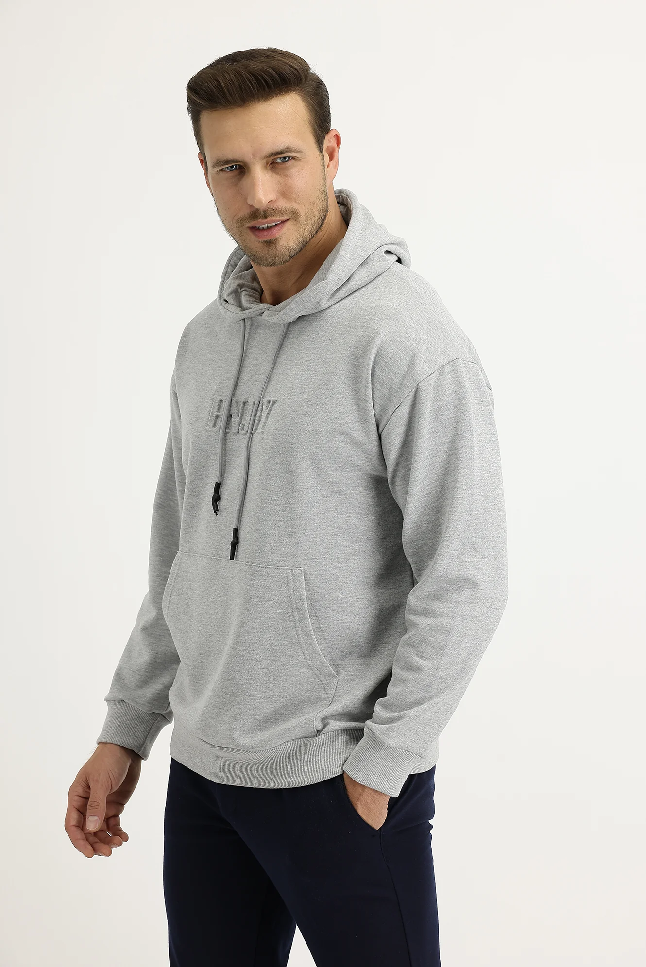 Açık Gri Melanj Kapüşonlu Baskılı Pamuk Sweatshirt - Image 2