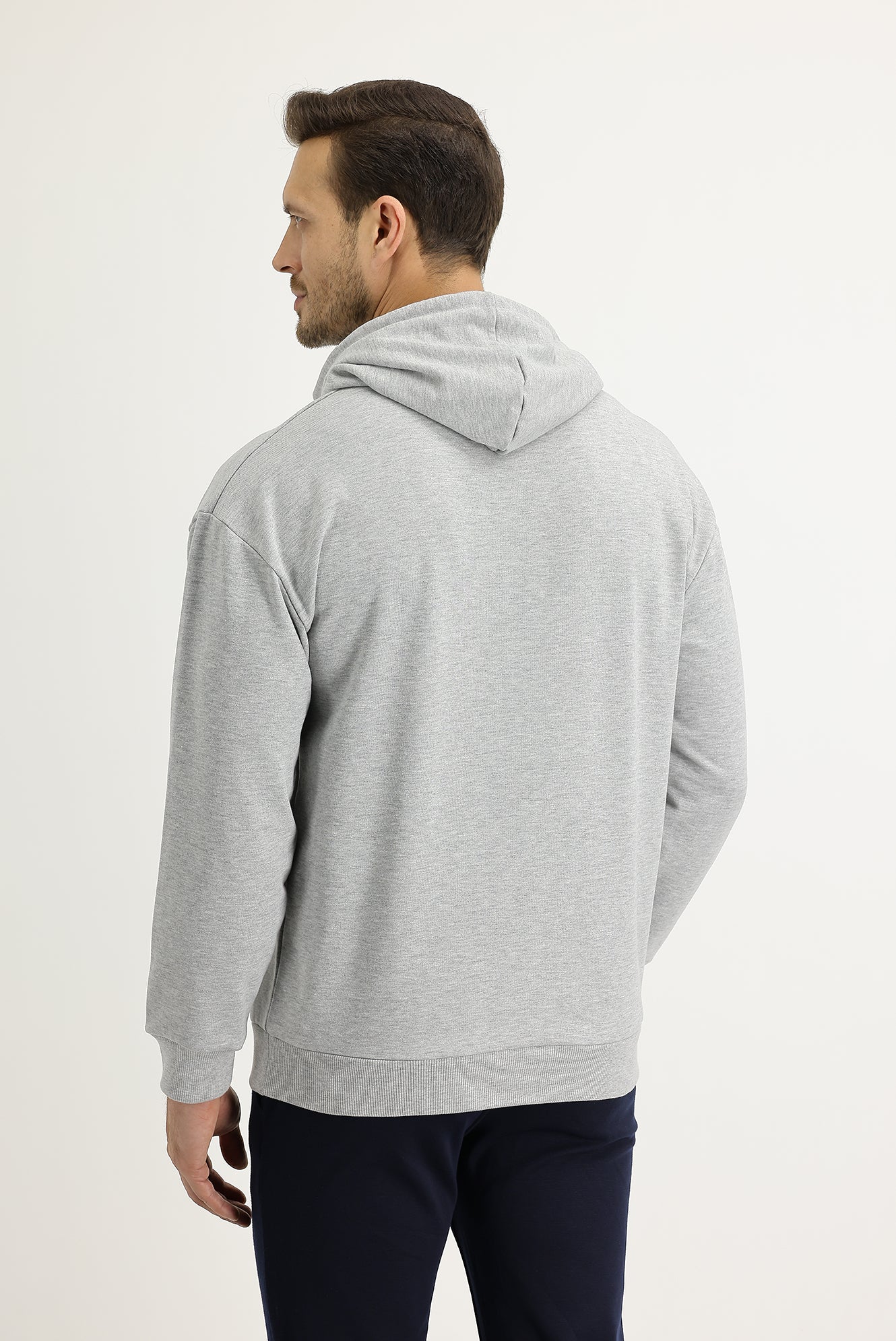 Açık Gri Melanj Kapüşonlu Baskılı Pamuk Sweatshirt - Image 3