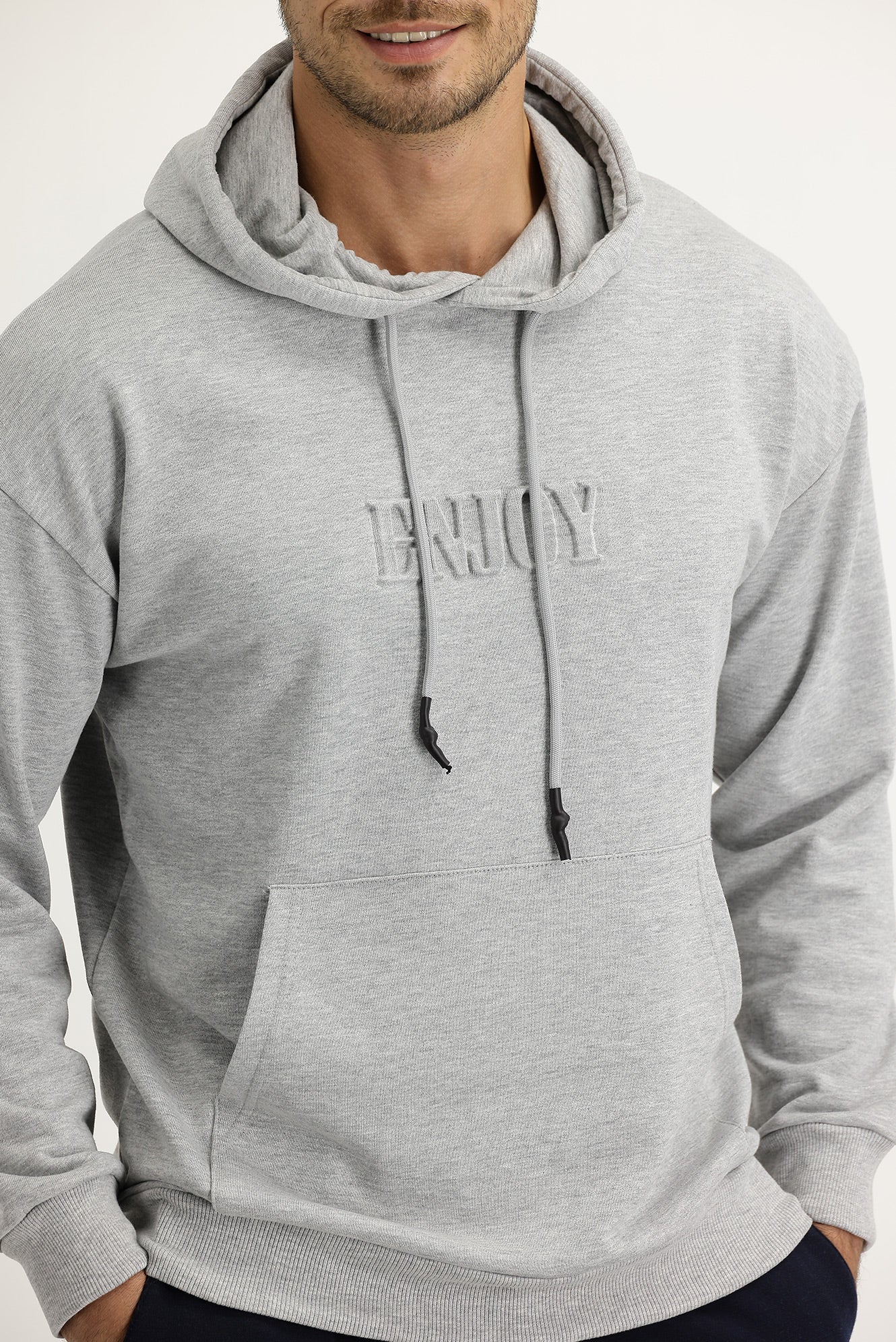 Açık Gri Melanj Kapüşonlu Baskılı Pamuk Sweatshirt - Image 4
