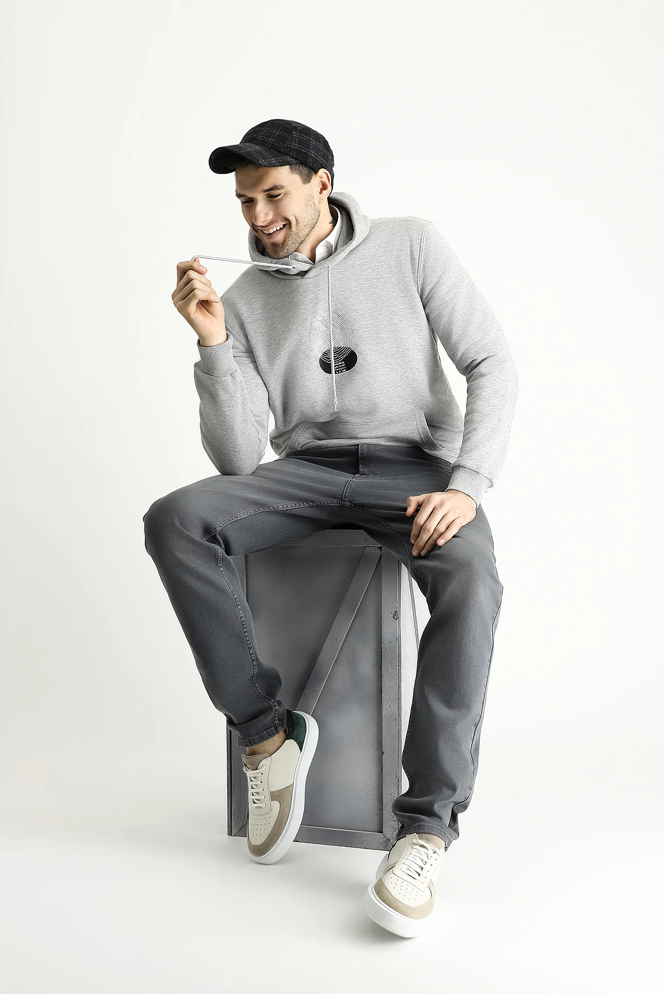 Açık Gri Melanj Regular Fit Kapüşonlu Baskılı Pamuklu Sweatshirt
