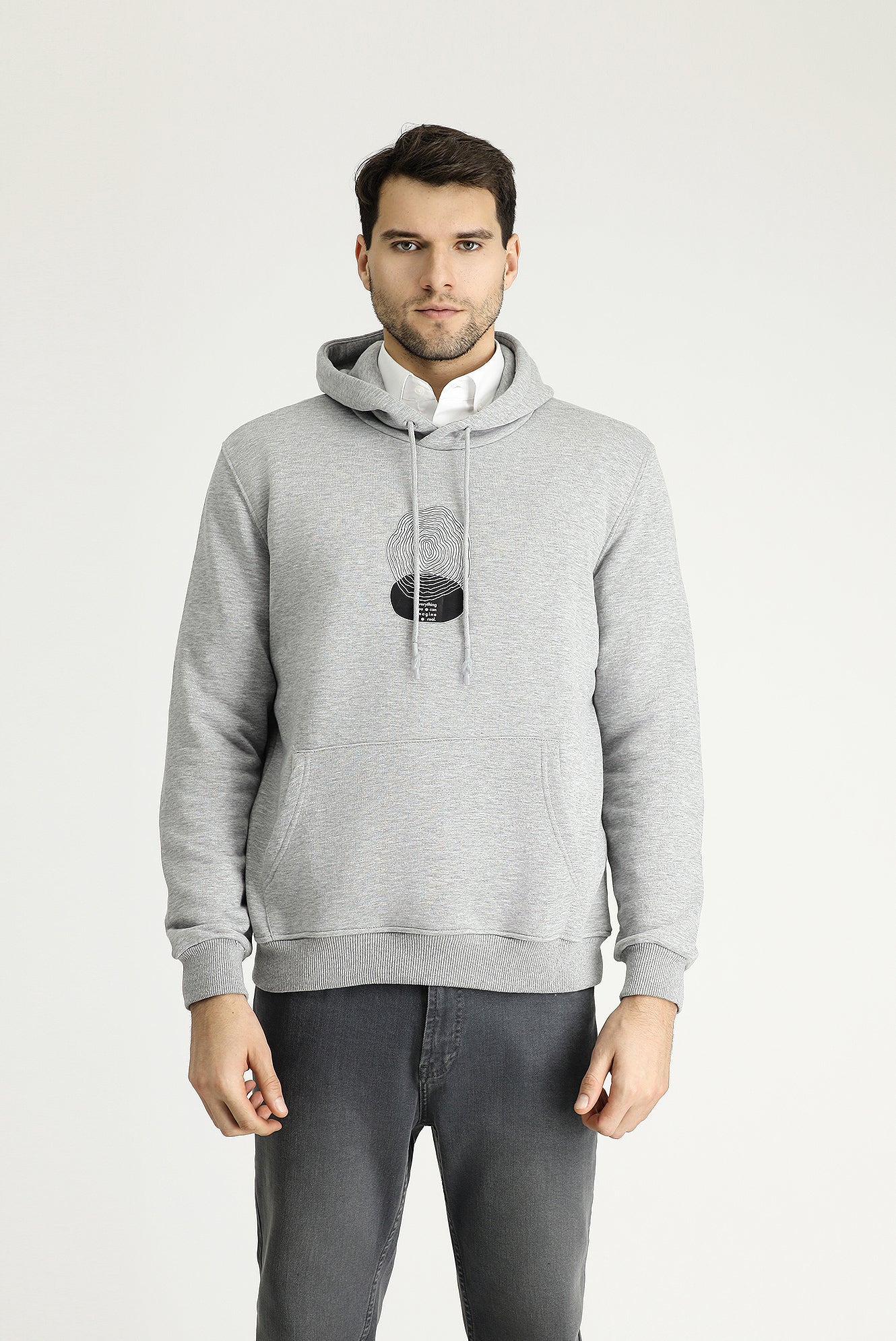 Açık Gri Melanj Regular Fit Kapüşonlu Baskılı Pamuklu Sweatshirt - Image 4
