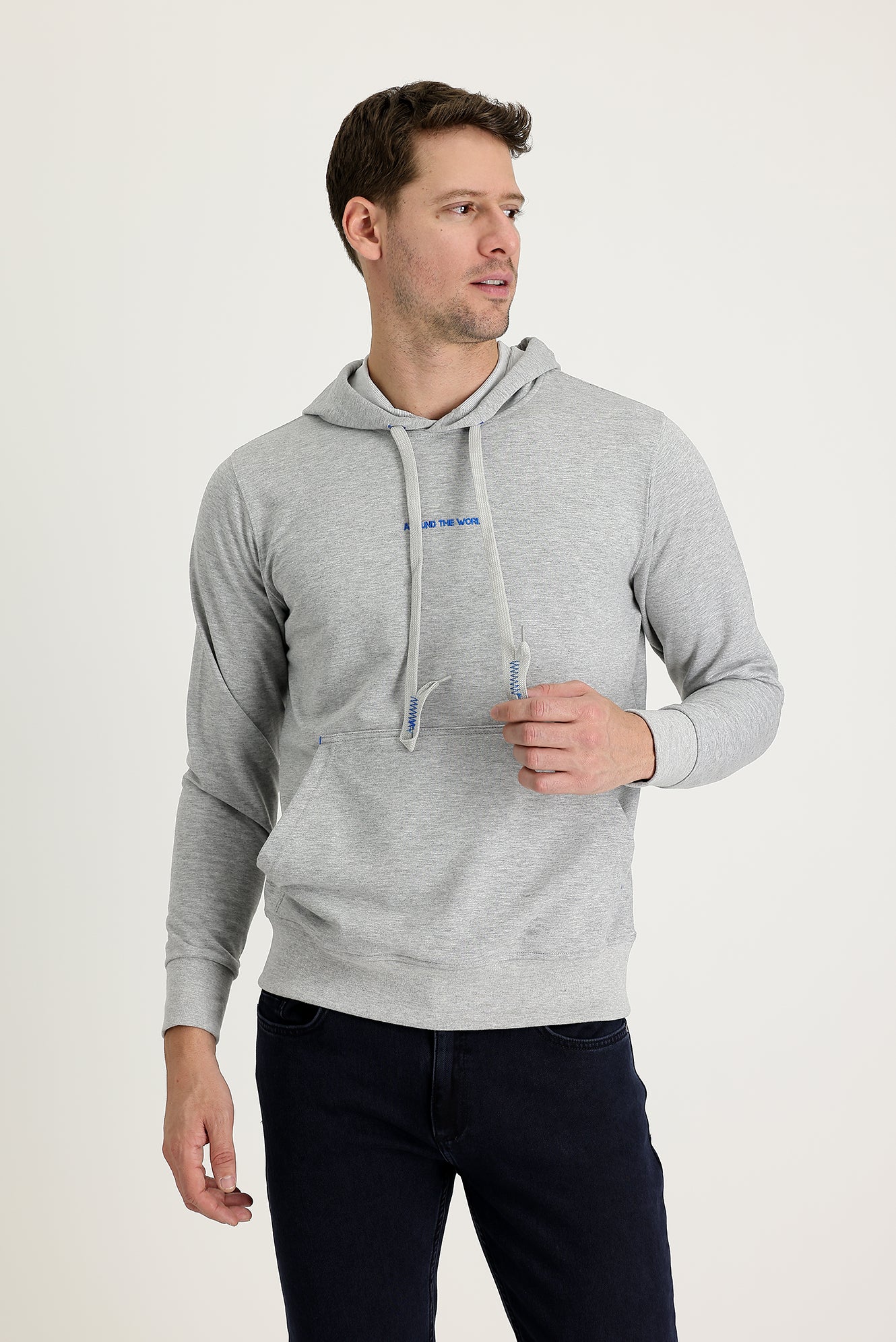 Açık Gri Melanj Kapüşonlu Nakışlı Sweatshirt