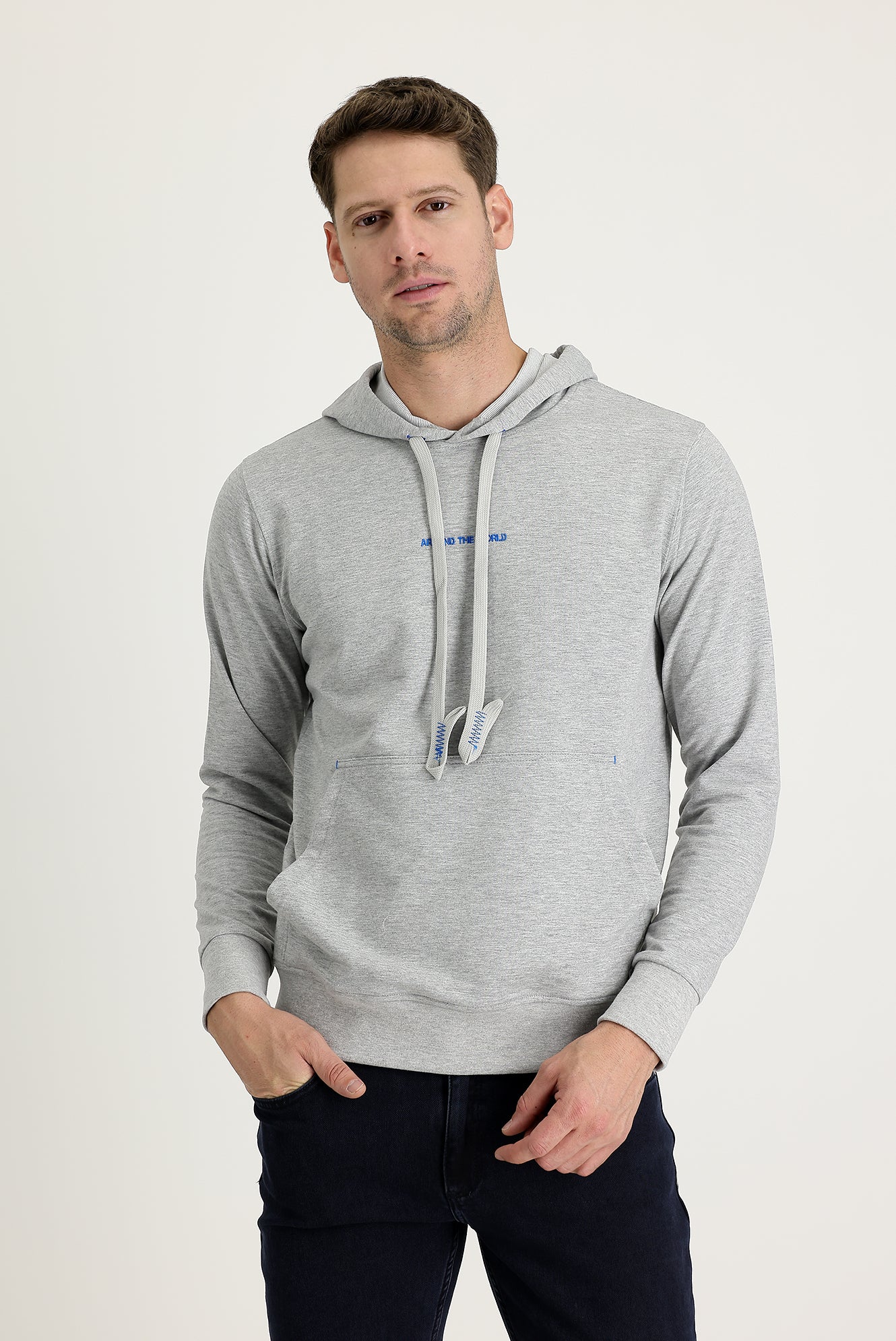 Açık Gri Melanj Kapüşonlu Nakışlı Sweatshirt - Image 2