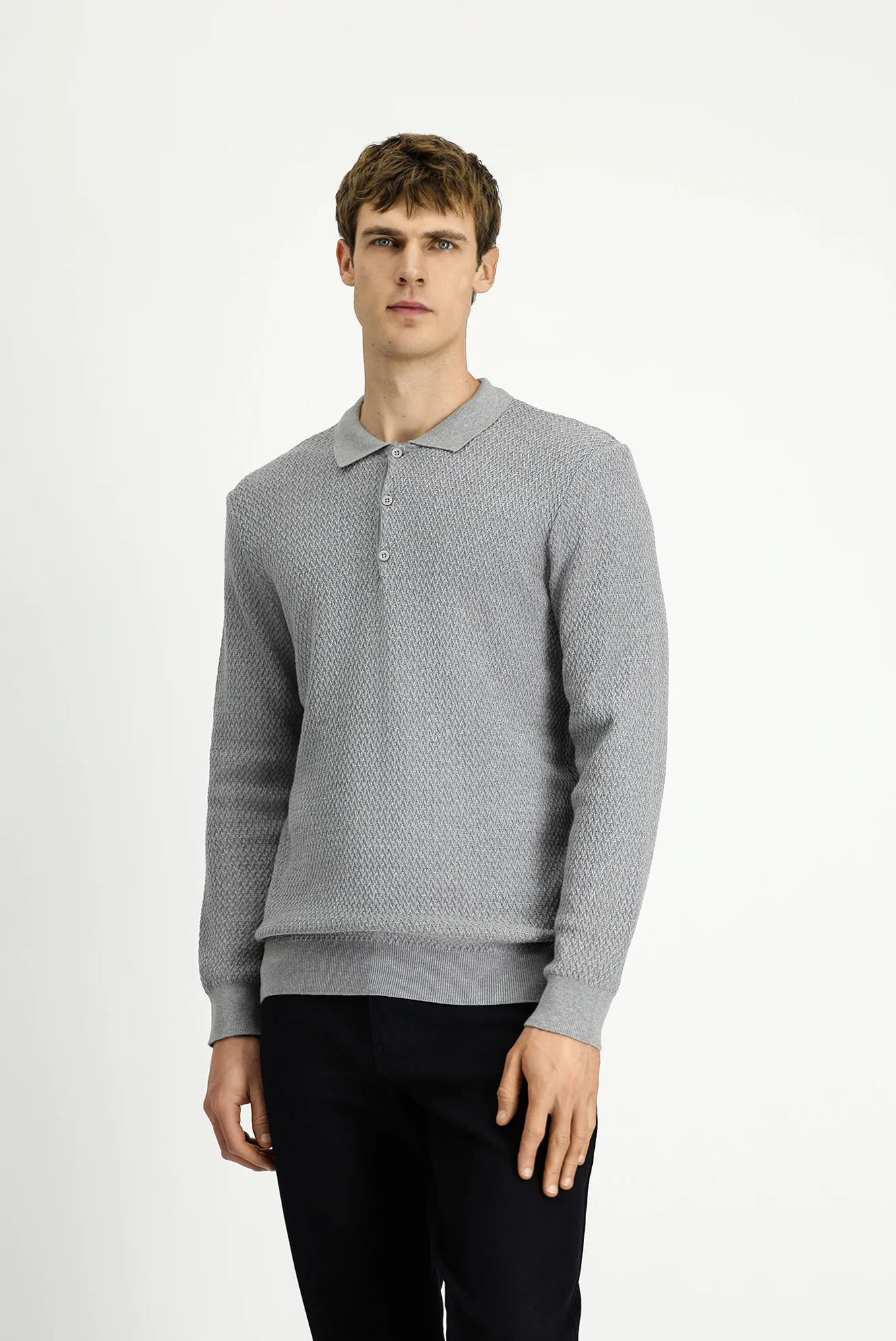 Açık Gri Melanj Polo Yaka Regular Fit Desenli Pamuklu Triko Kazak - Image 3