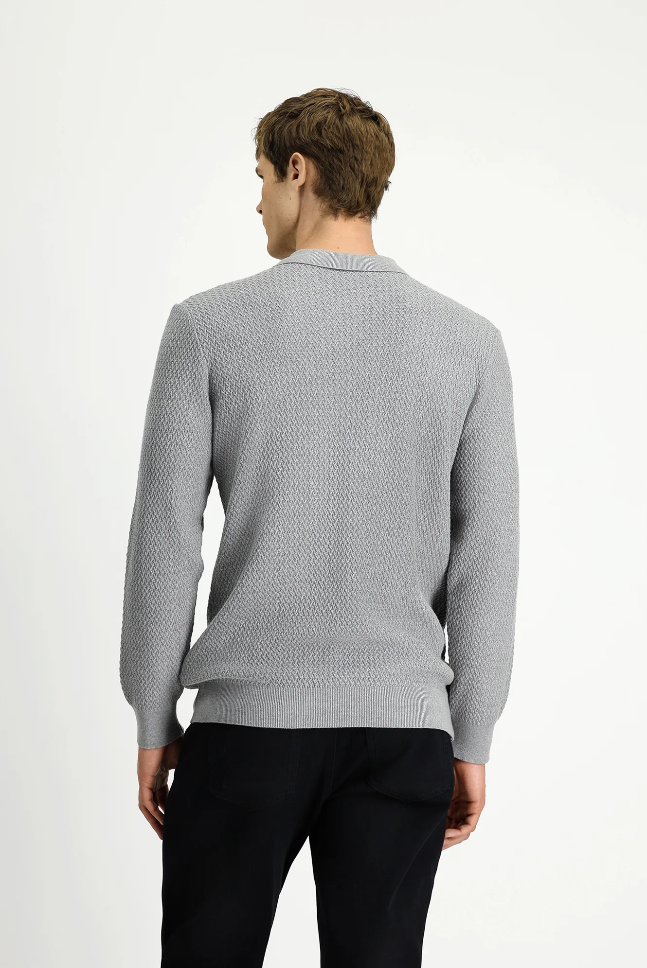 Açık Gri Melanj Polo Yaka Regular Fit Desenli Pamuklu Triko Kazak - Image 5