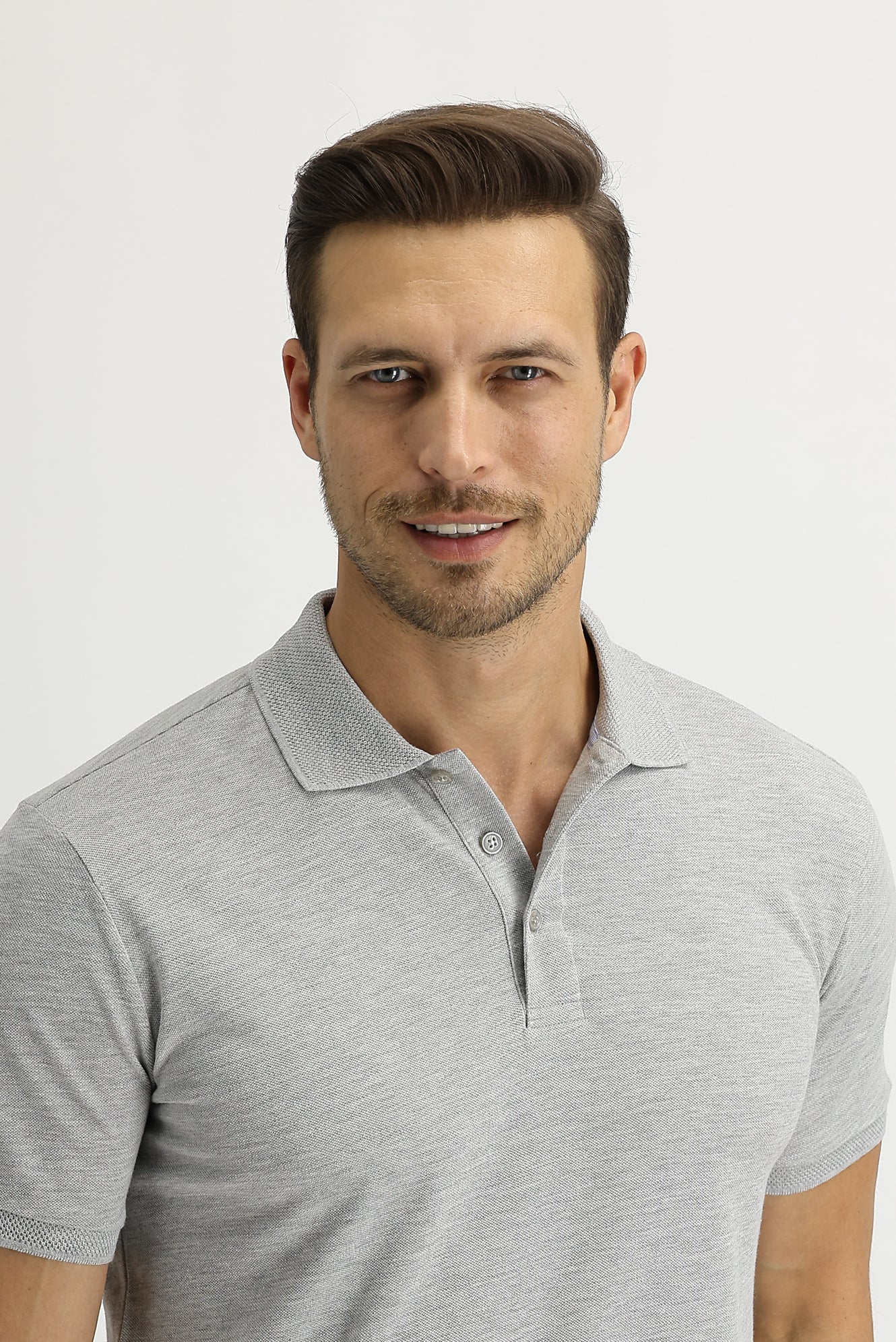 Açık Gri Melanj Polo Yaka Slim Fit Dar Kesim Nakışlı Tişört