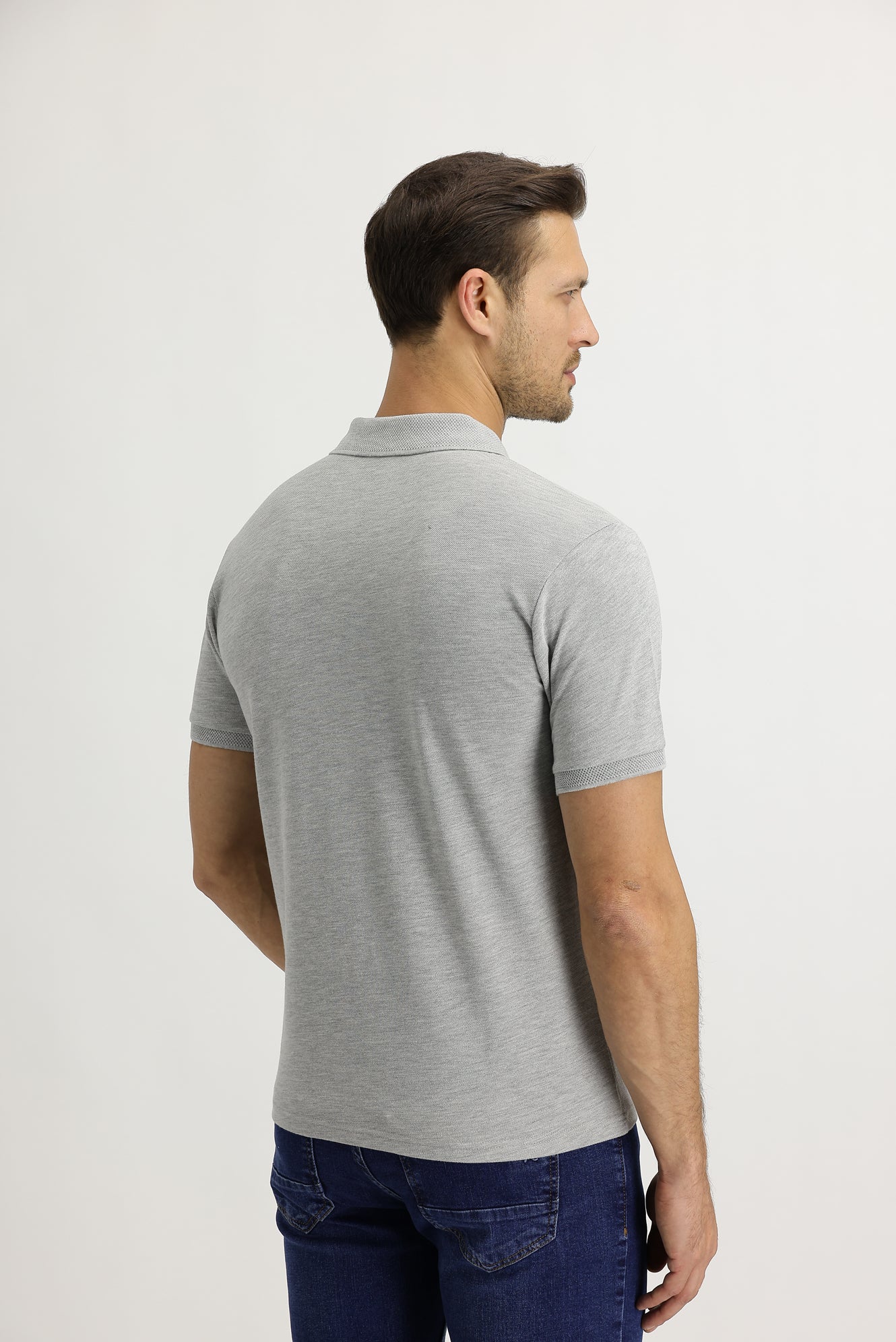 Açık Gri Melanj Polo Yaka Slim Fit Dar Kesim Nakışlı Tişört - Image 4