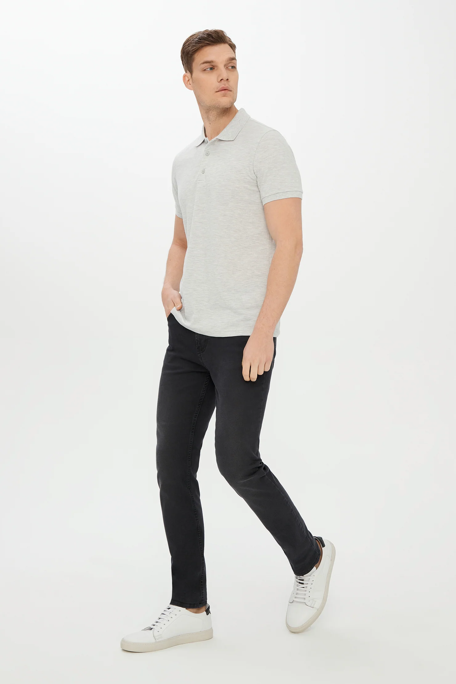 Açık Gri Melanj Polo Yaka Slim Fit Dar Kesim Pamuk Tişört - Image 2