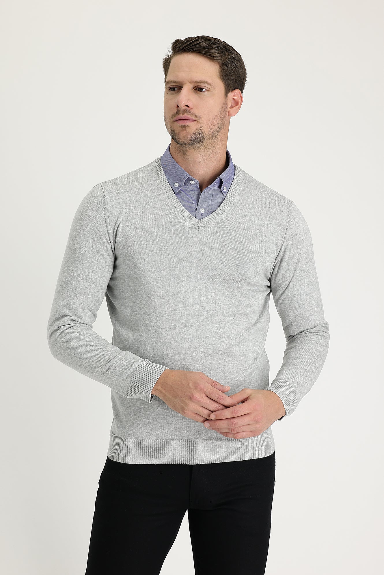 Açık Gri Melanj V Yaka Regular Fit Triko Kazak - Image 2