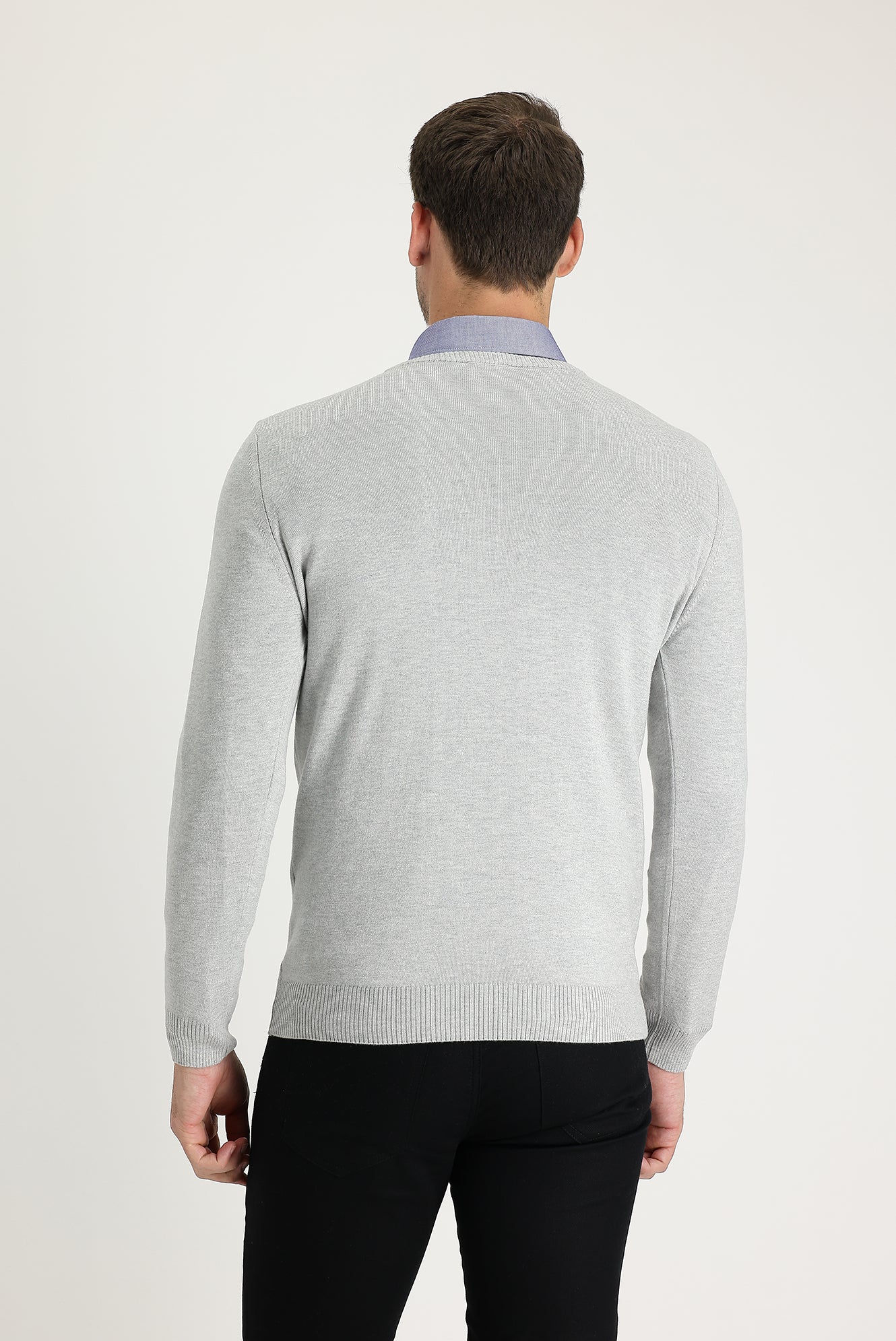 Açık Gri Melanj V Yaka Regular Fit Triko Kazak - Image 3