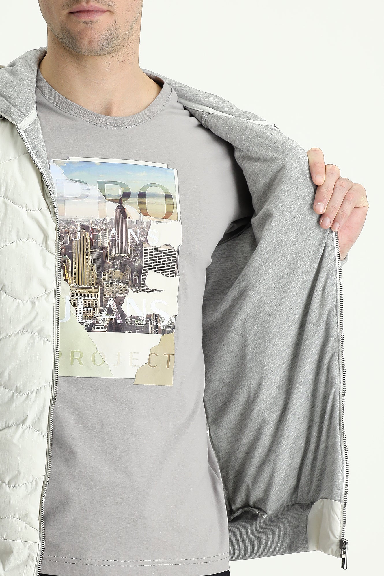 Açık Gri Mevsimlik Slim Fit Dar Kesim Kapüşonlu Kapitone Spor Mont - Image 6