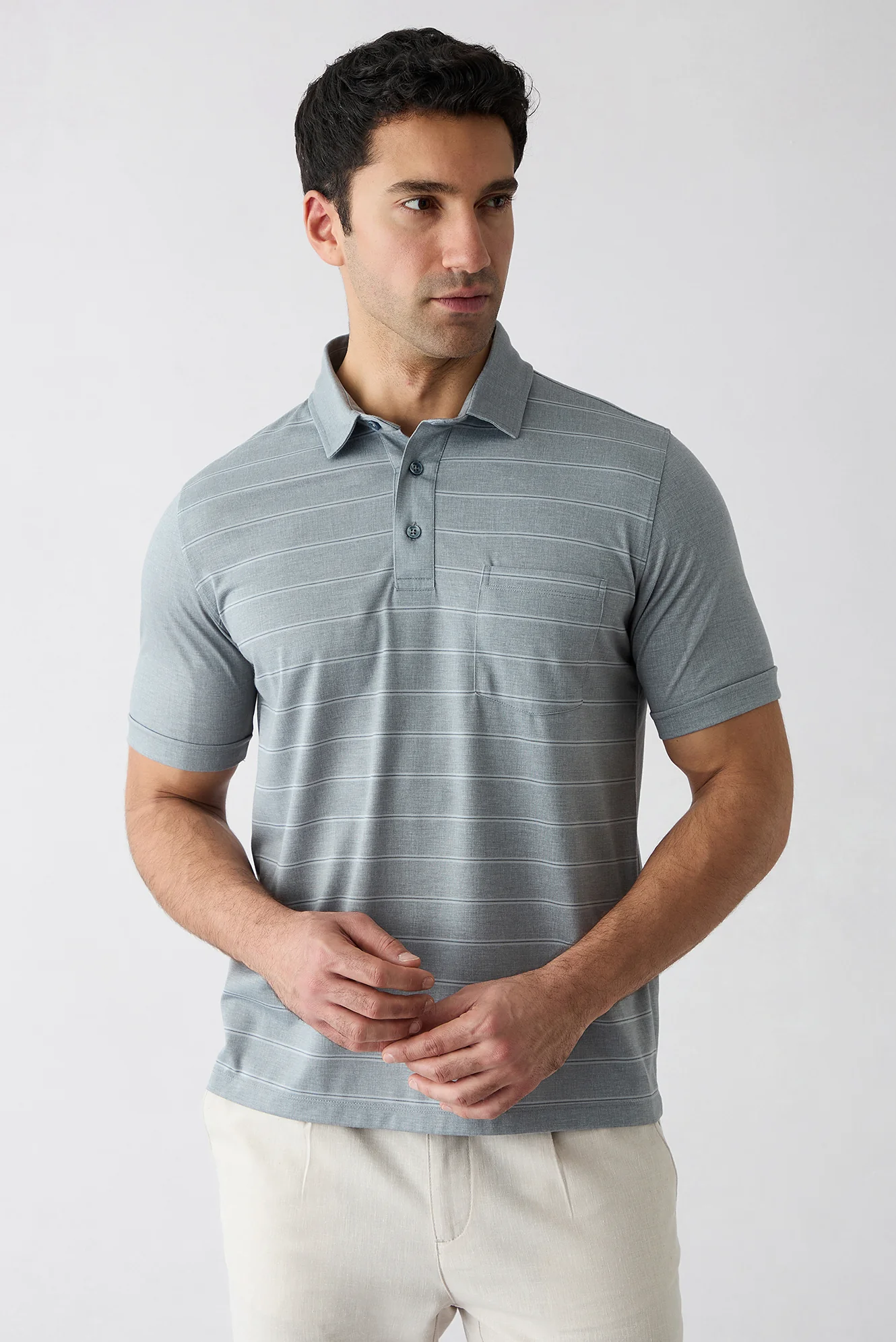 Açık Gri Regular Fit Çizgili Cepli Düğmeli Polo Yaka Tişört