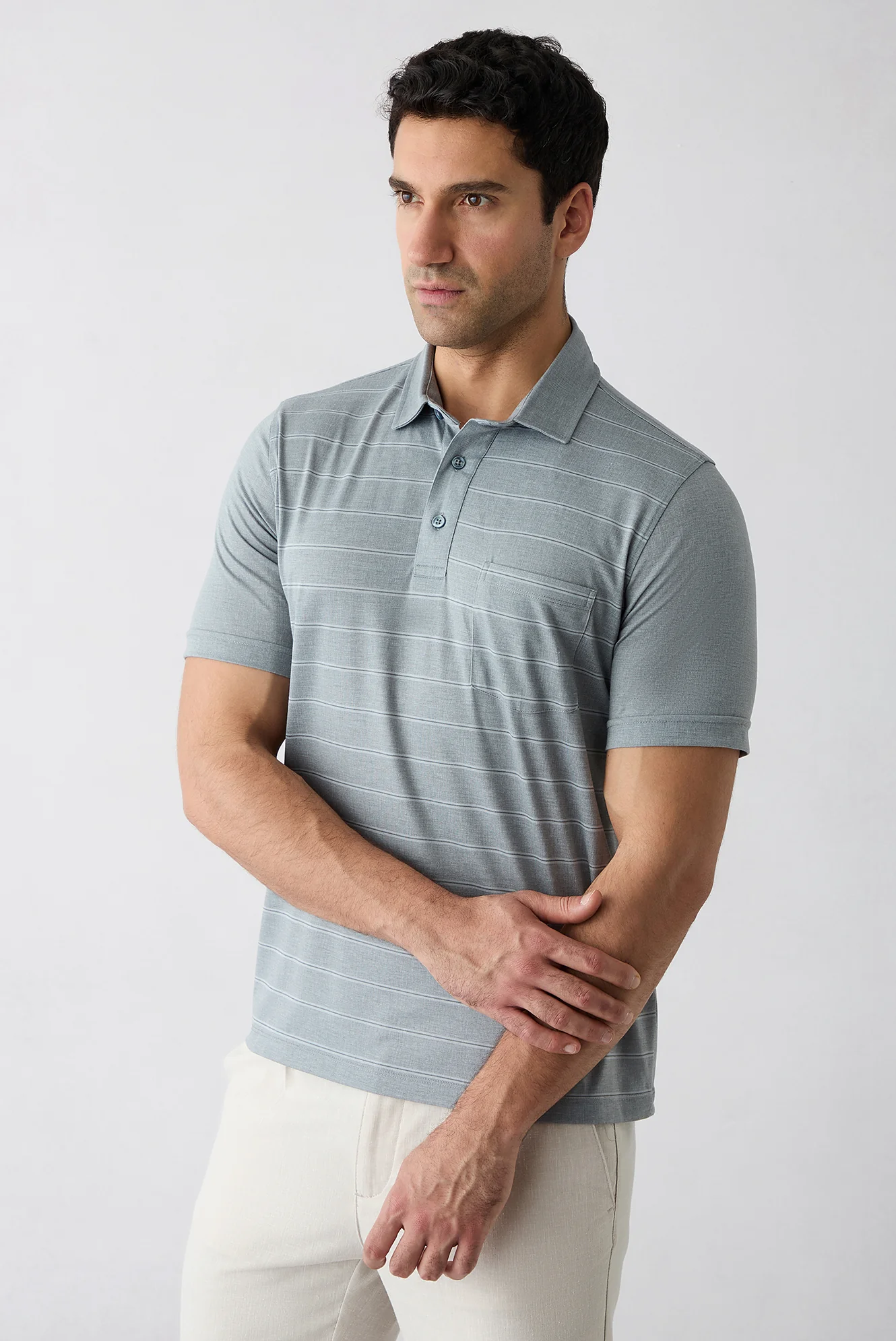 Açık Gri Regular Fit Çizgili Cepli Düğmeli Polo Yaka Tişört - Image 2