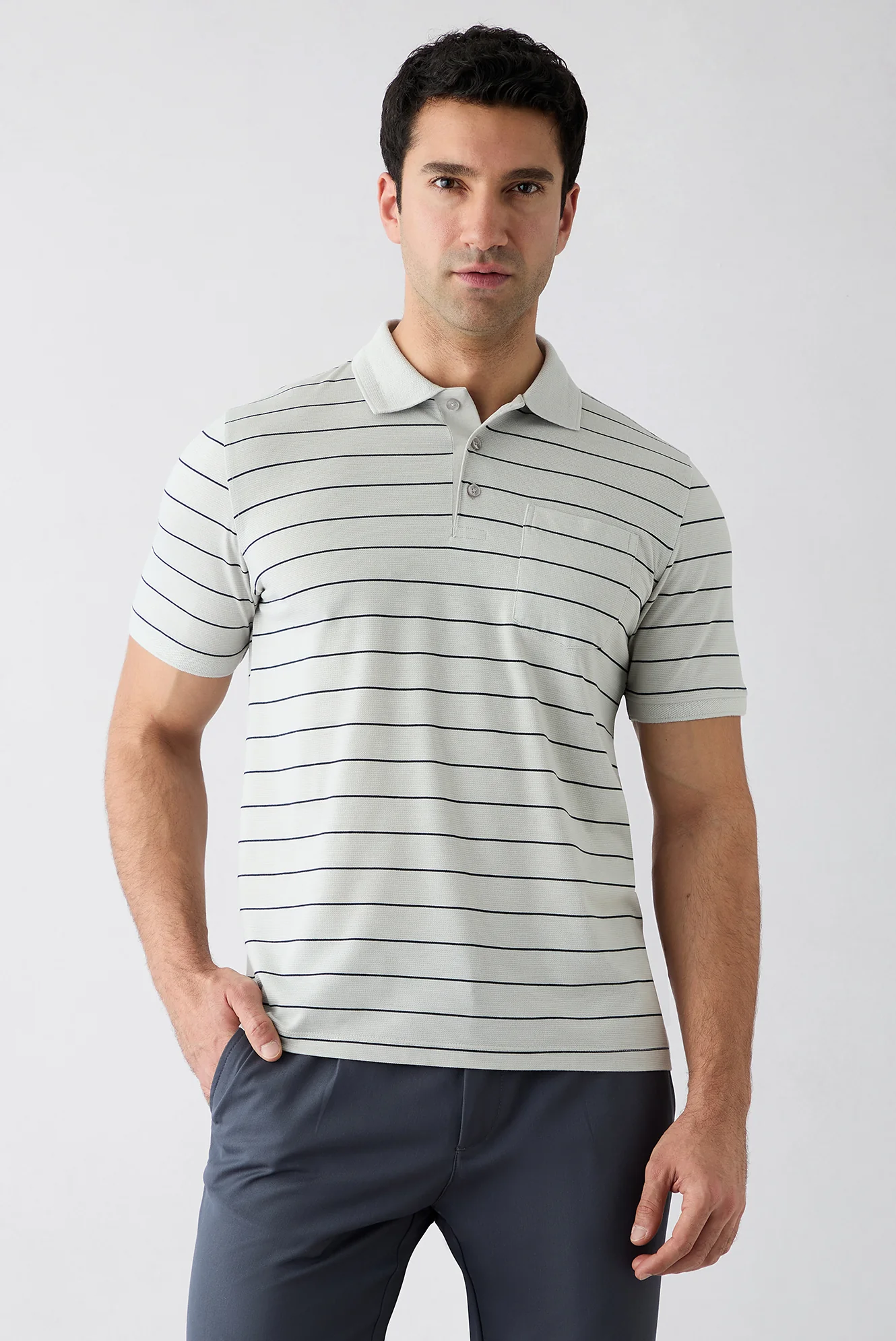 Açık Gri Regular Fit Çizgili Cepli Düğmeli Polo Yaka Tişört