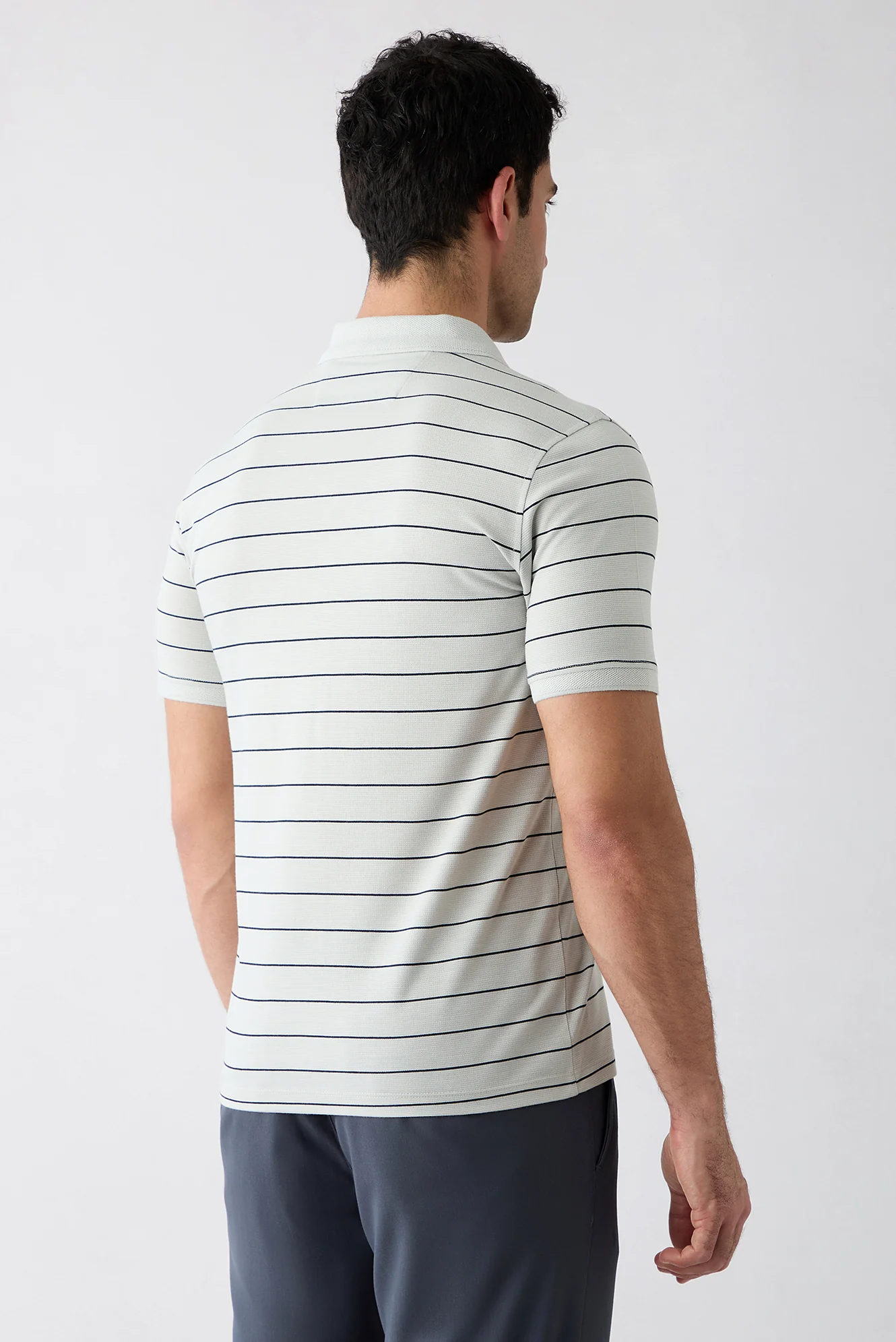 Açık Gri Regular Fit Çizgili Cepli Düğmeli Polo Yaka Tişört - Image 4