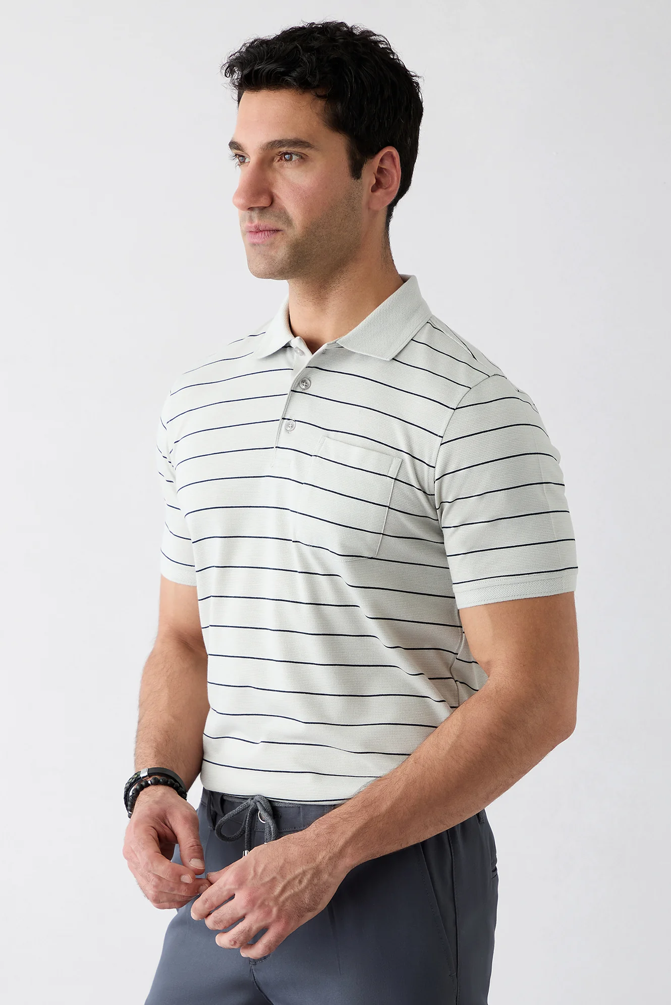 Açık Gri Regular Fit Çizgili Cepli Düğmeli Polo Yaka Tişört - Image 6